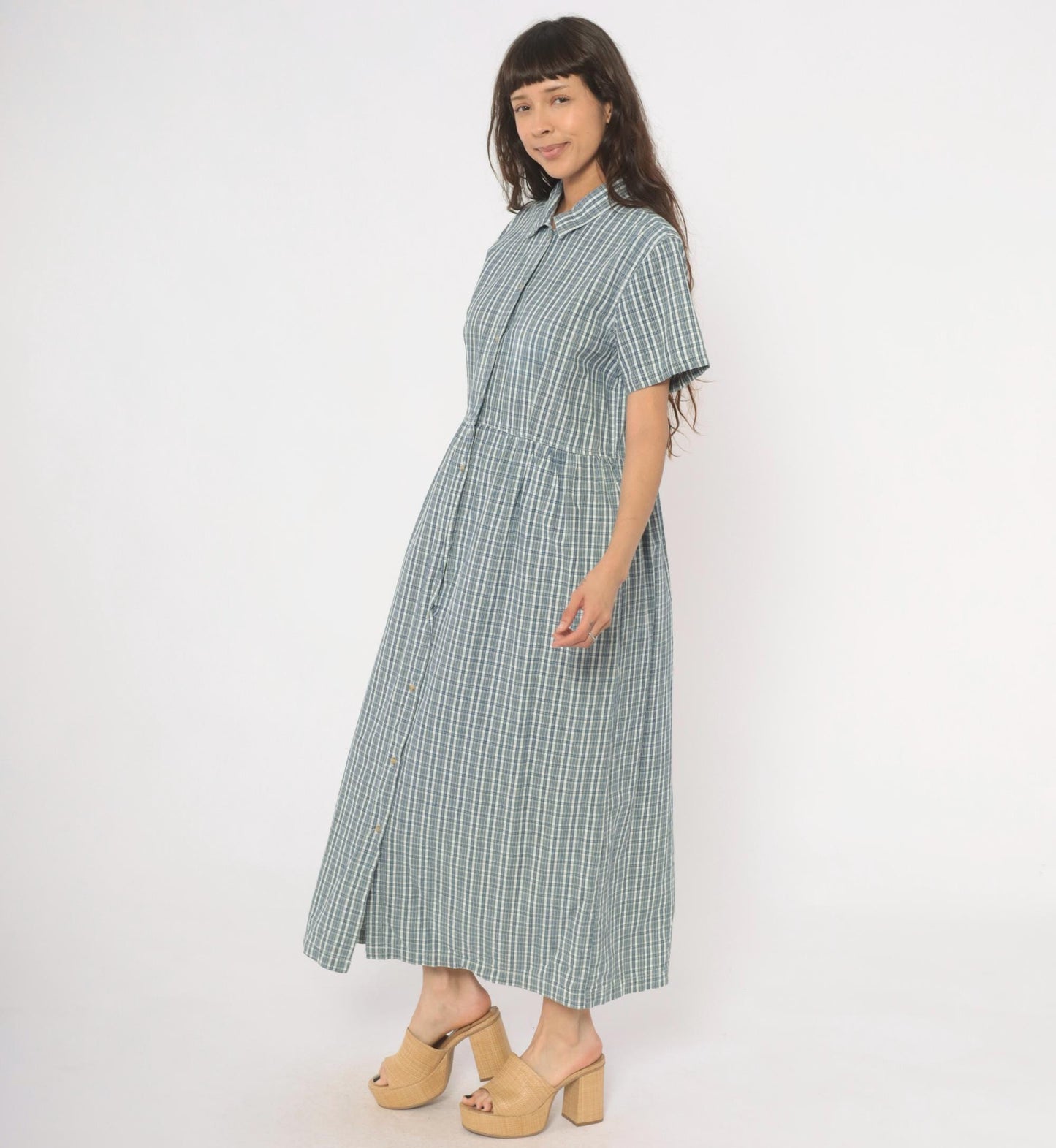 90s Studio Works Blue Plaid Cotton Maxi Shirtdress Medium
