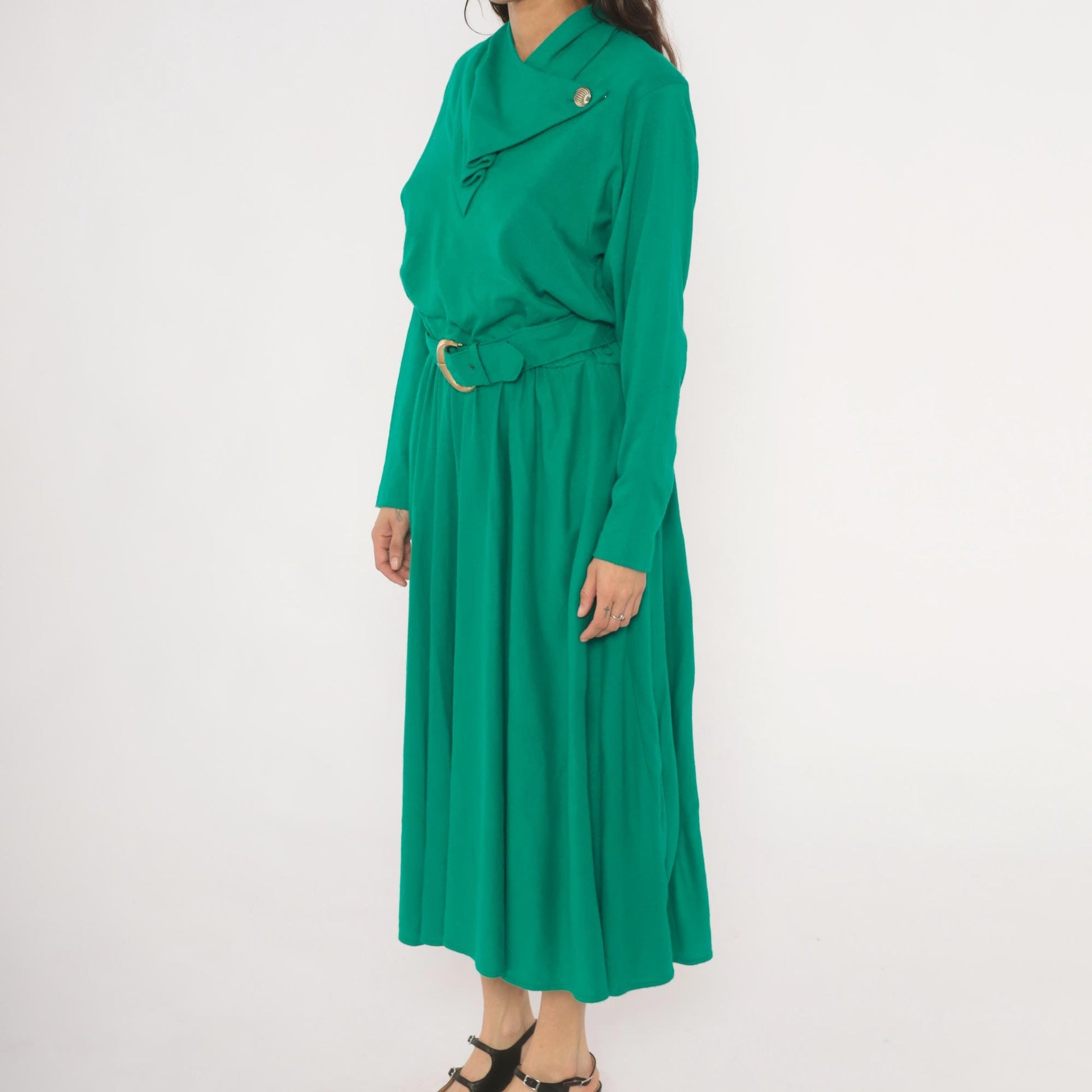 80s Positive Attitude Emerald Midi Dress Gold Buckle Belt Long Sleeve Large L