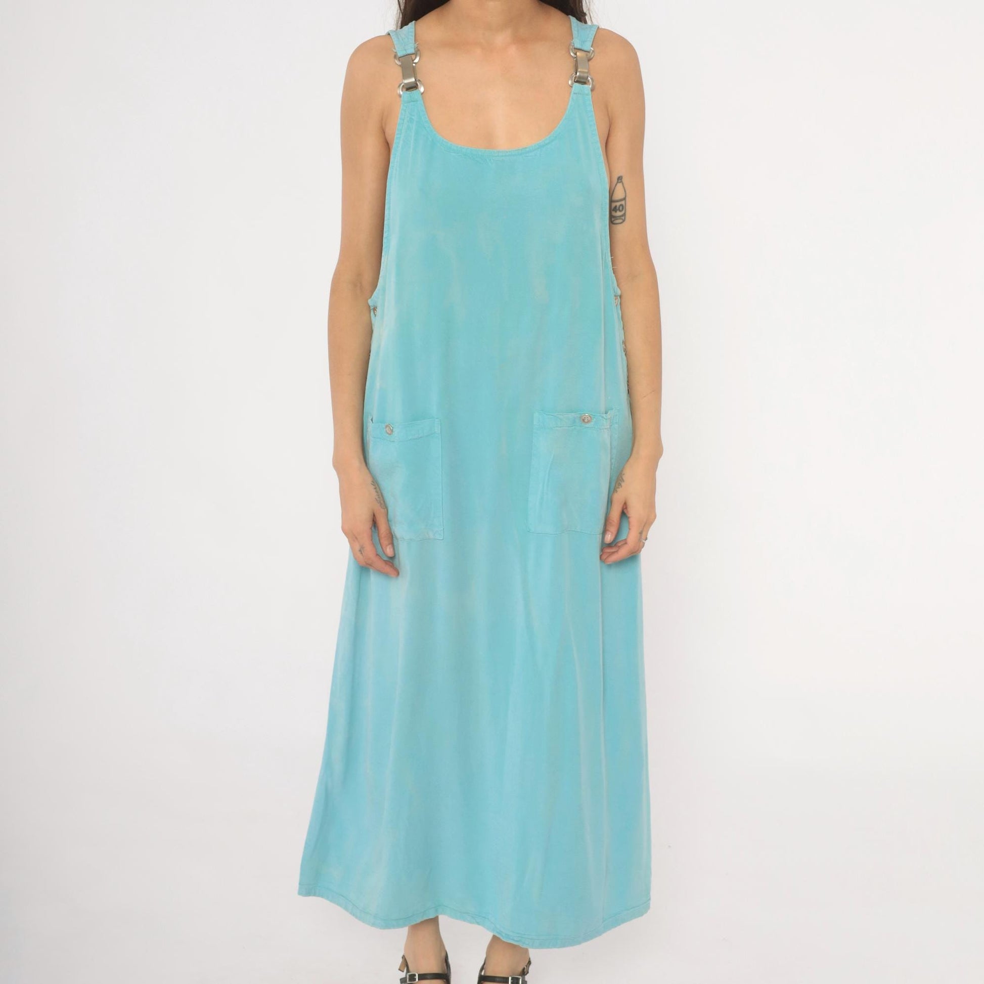90s Froxx Sky Blue Maxi Overall Dress Sleeveless Pinafore Large L