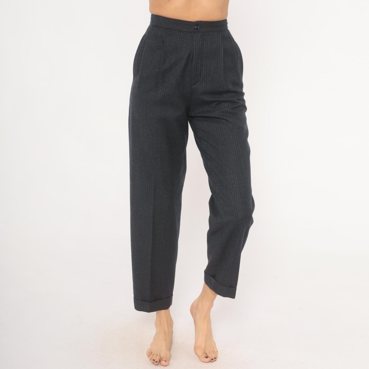 80s Preferred Stock Pinstripe Pleated Trousers Navy Wool Blend High Waist Extra Small XS