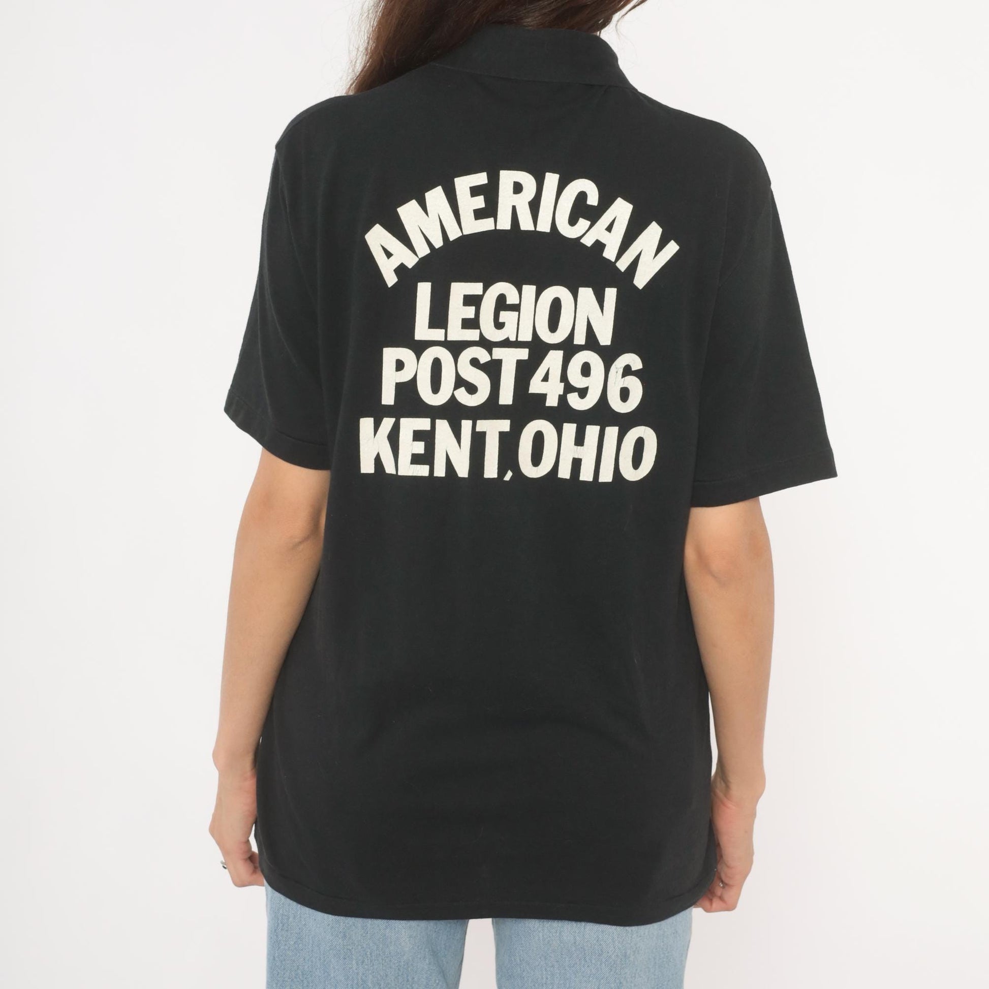 80s American Legion Post 496 Kent Ohio Polo Shirt Black Cotton Casual Knits Large