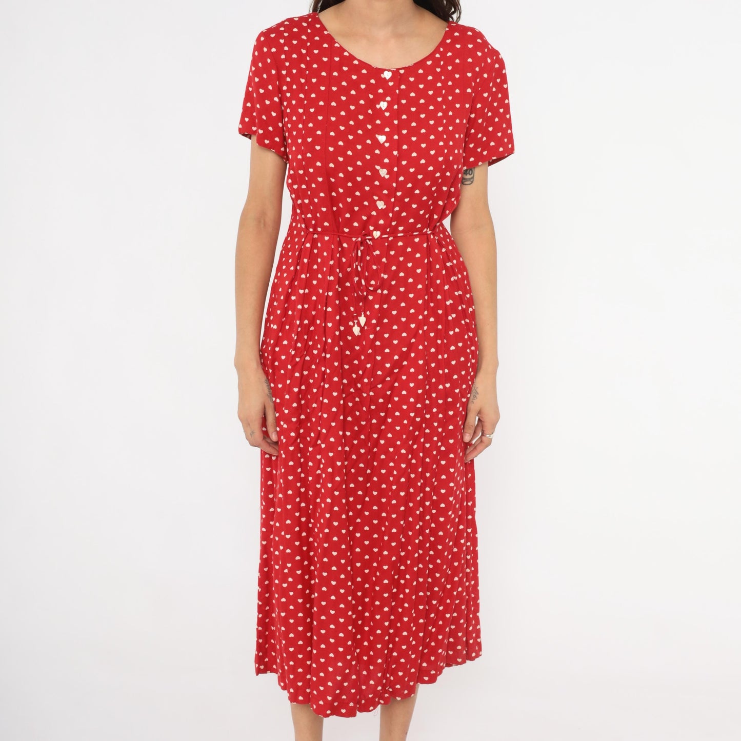 80s Sarah Elizabeth Red Heart Print Midi Dress Button Front Scoop Neck Medium M