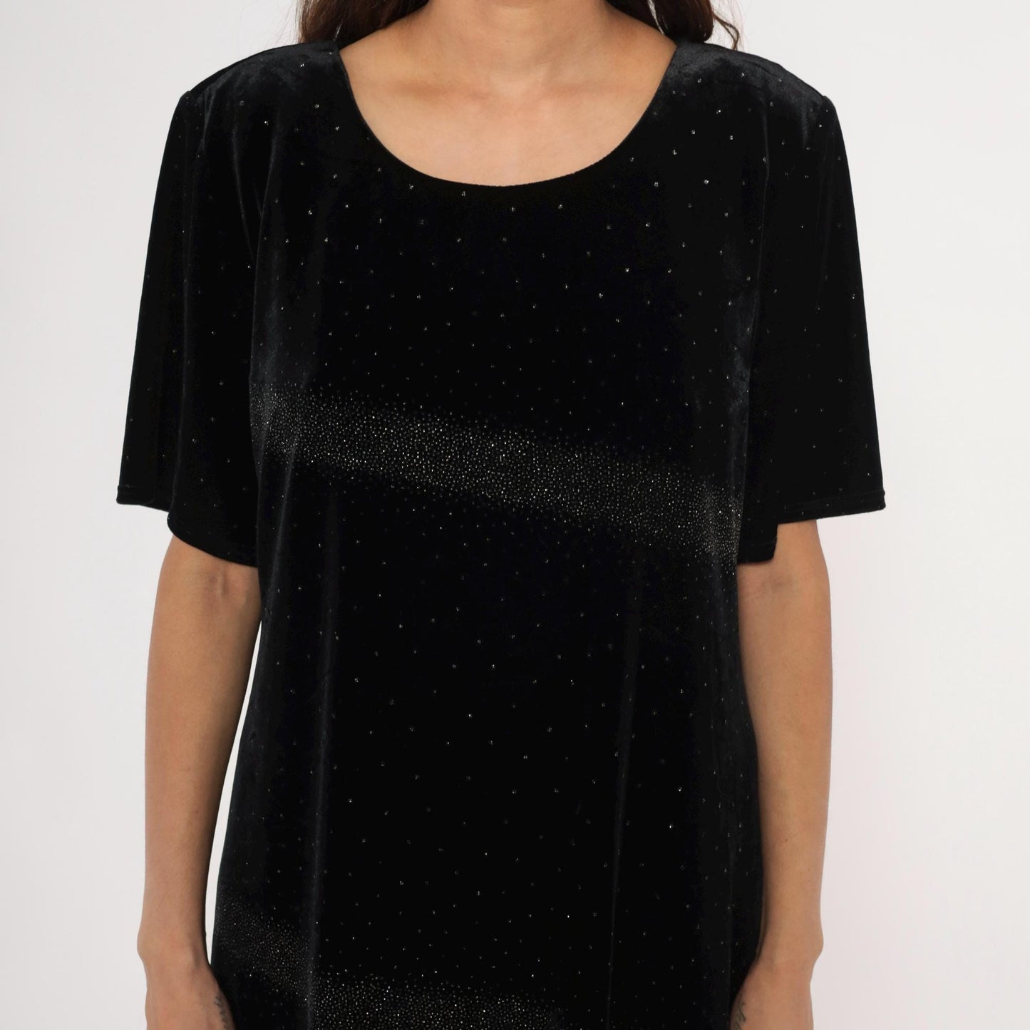90s Jessica Howard Black Velvet Maxi Dress Glitter Scoop Neck Short Sleeve Large L