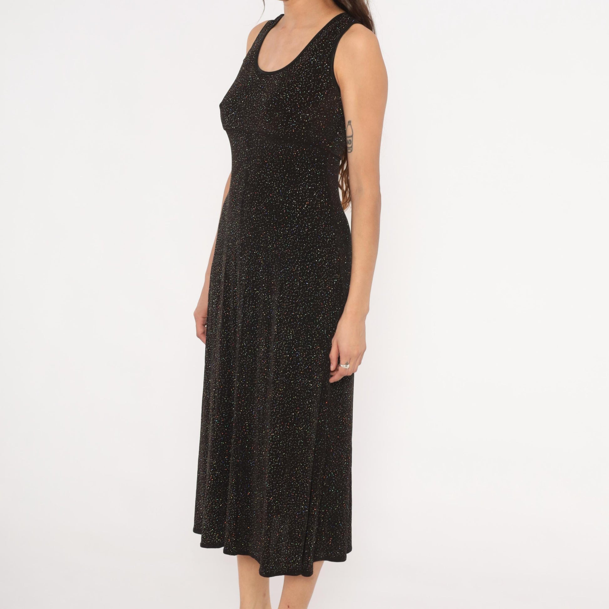 90s Rabbit Designs Black Glitter Maxi Dress Scoop Neck Empire Waist Medium M