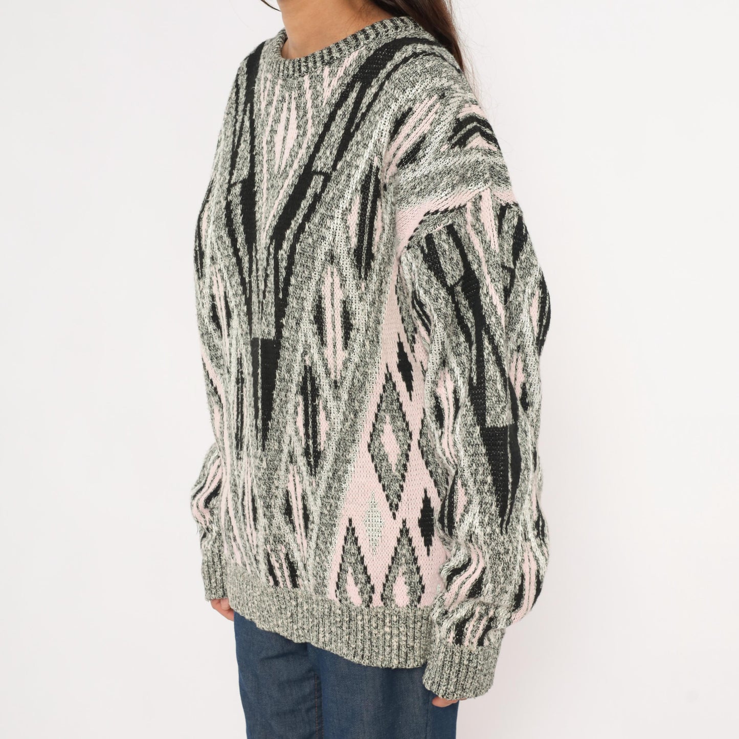 80s Elis Island Geometric Knit Sweater Grey Diamond Chevron Medium