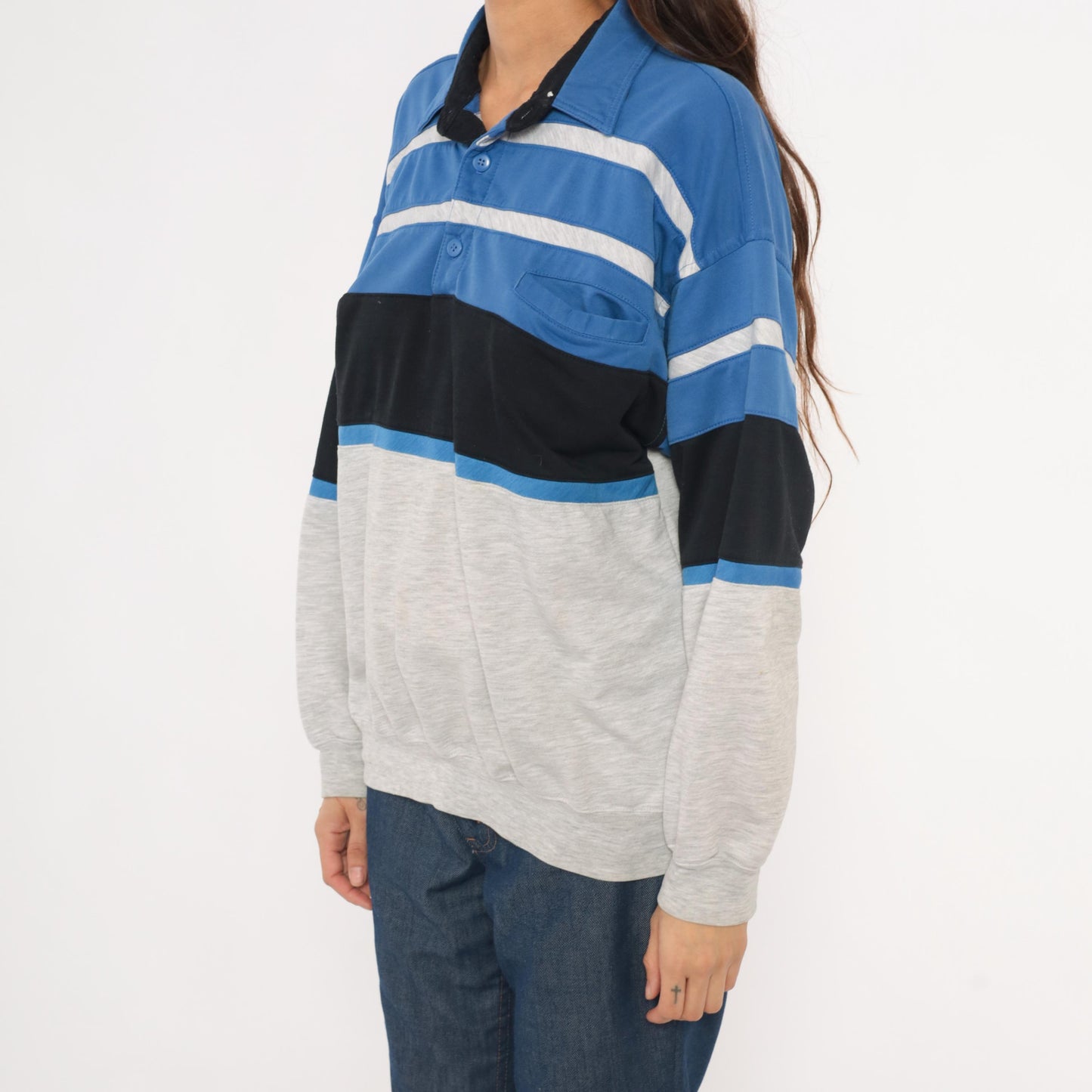 80s Knightsbridge Color Block Polo Sweatshirt Blue Striped Grey Small