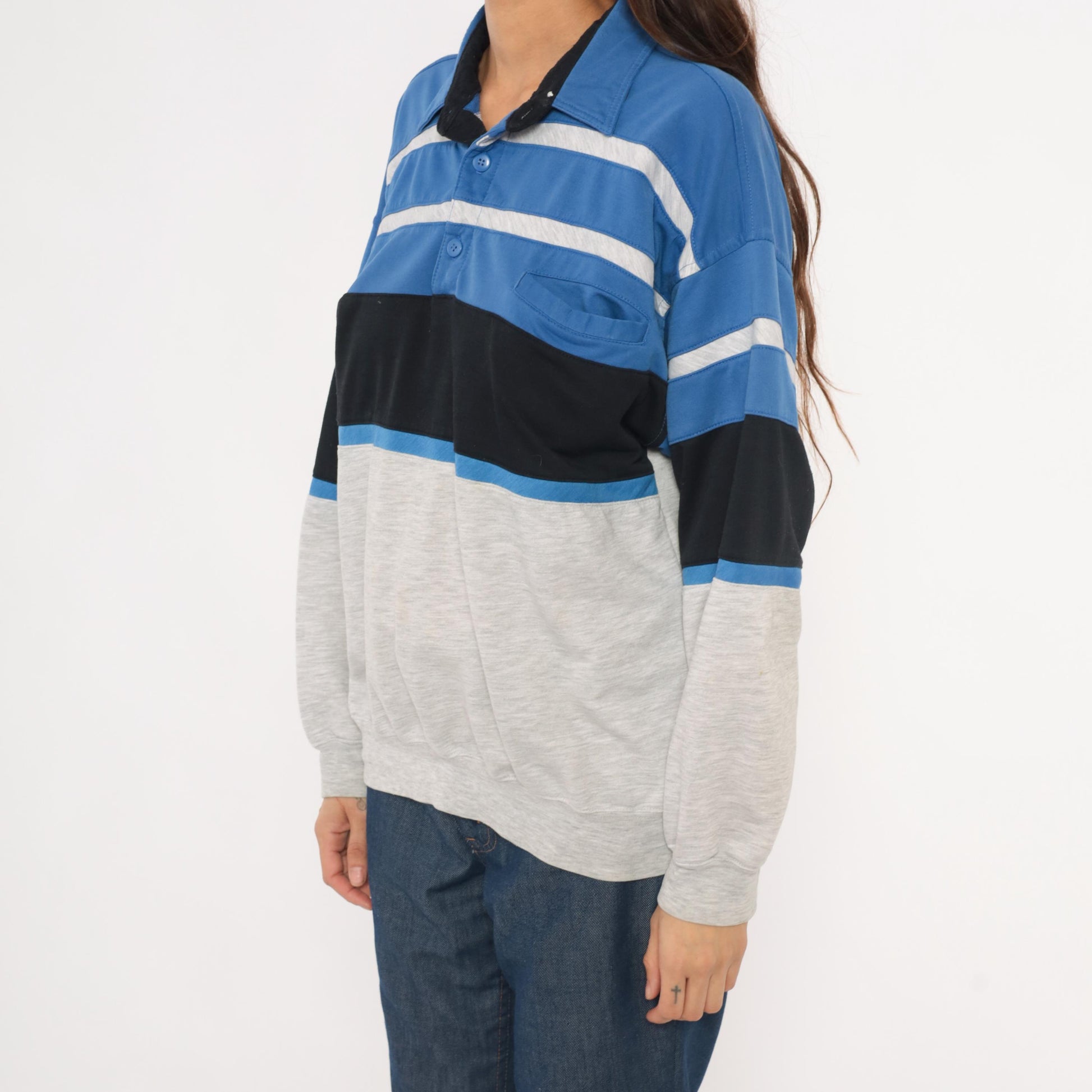 80s Knightsbridge Color Block Polo Sweatshirt Blue Striped Grey Small