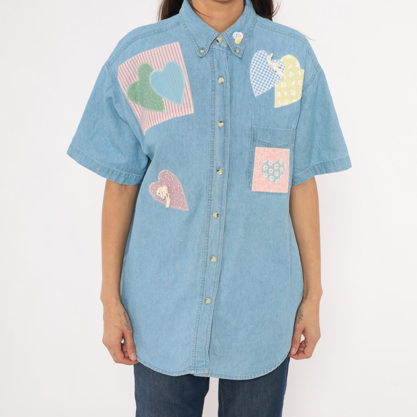 90s Satin Stitches Inc. Patchwork Heart Denim Shirt Light Wash Cotton Medium