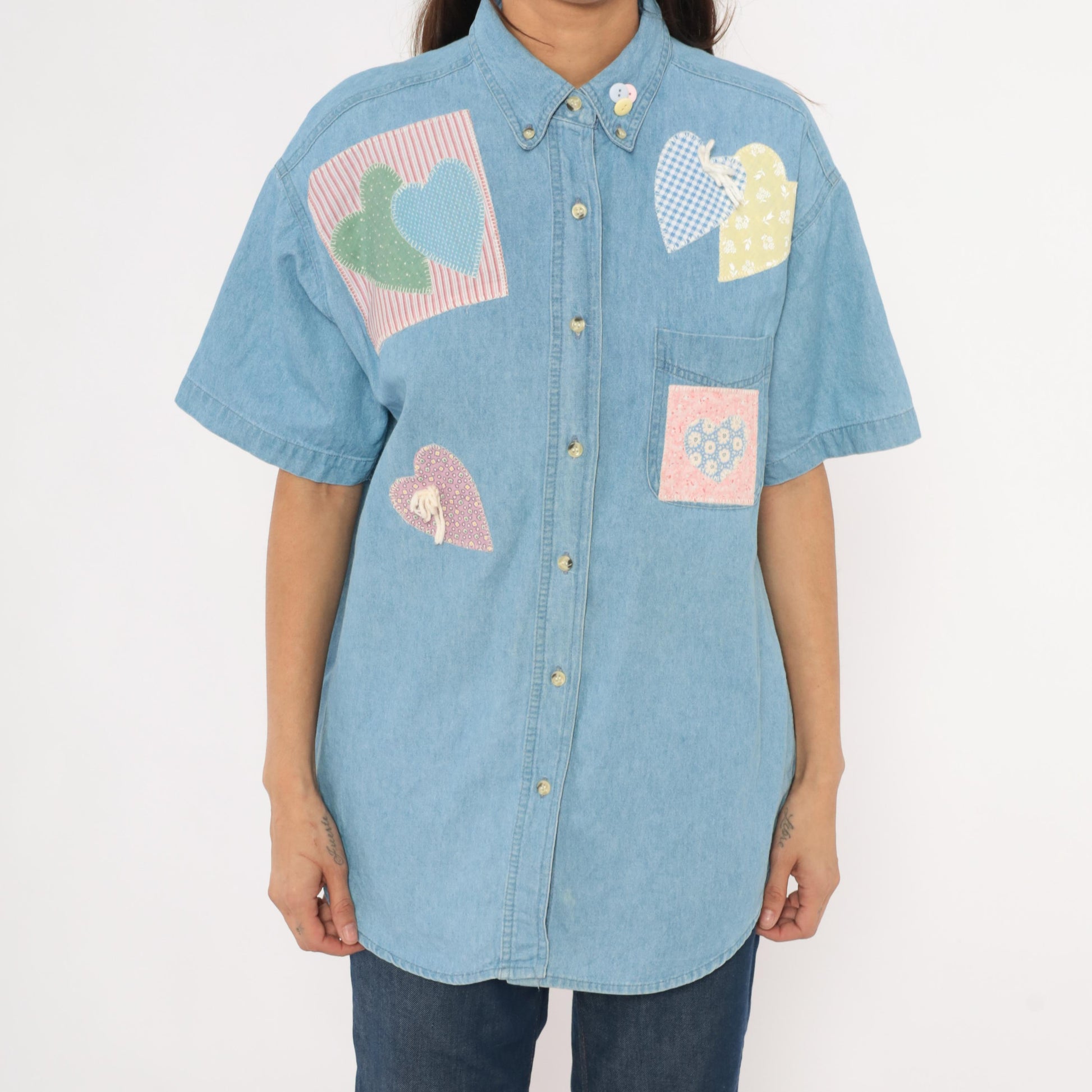 90s Satin Stitches Inc. Patchwork Heart Denim Shirt Light Wash Cotton Medium