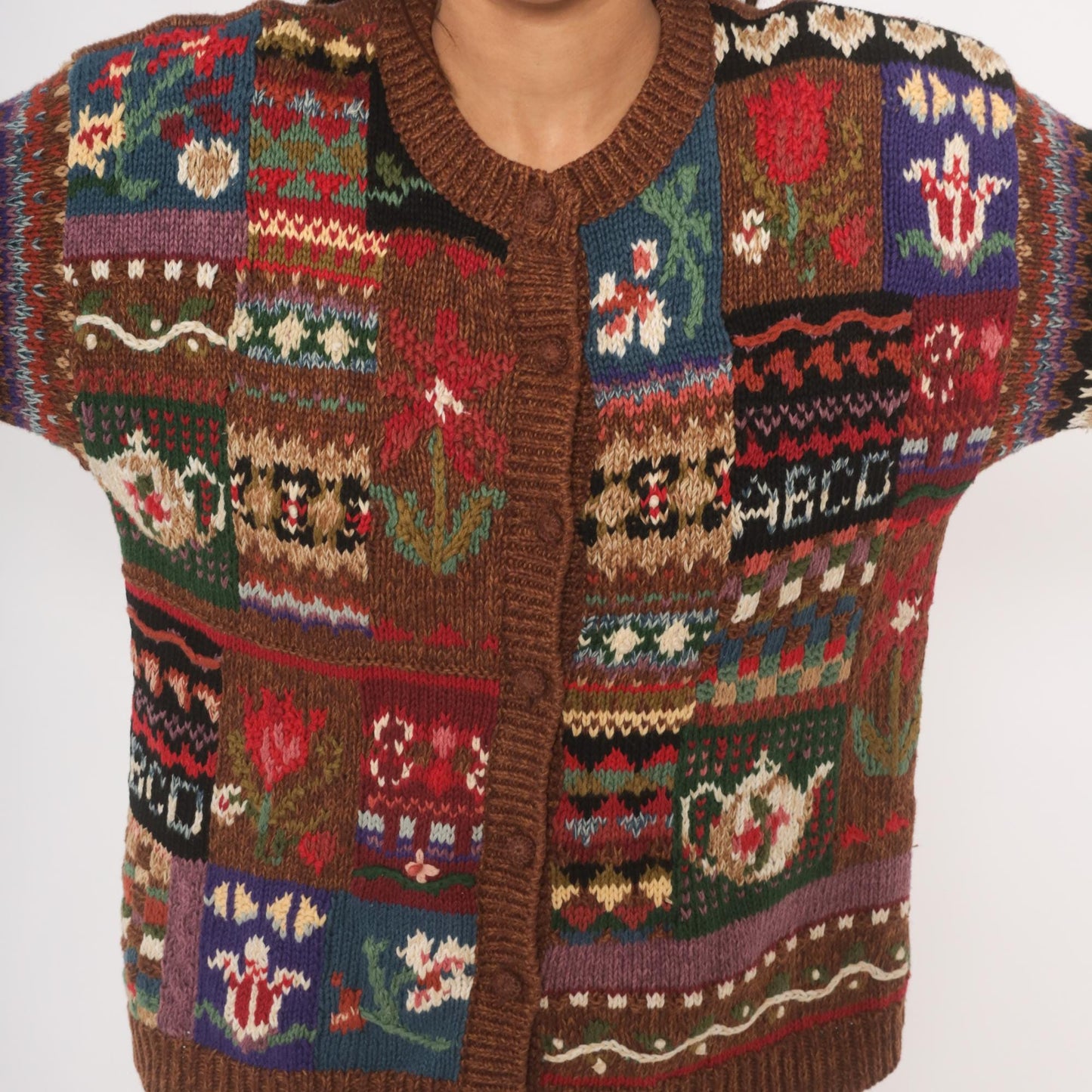 90s Tiara International Patchwork Cardigan Floral Fair Isle Knit Brown Small
