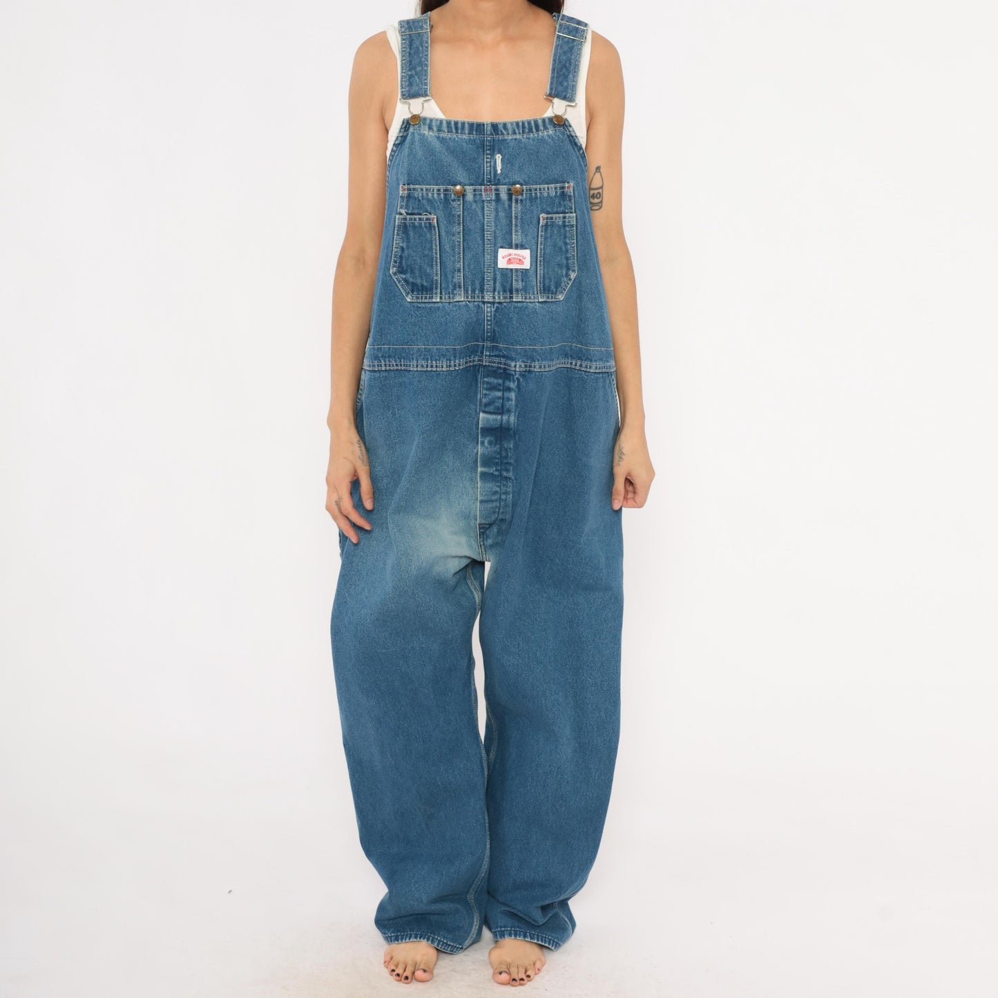 Y2K Roundhouse Denim Bib Overalls Medium Wash Blue Cotton Carpenter 50x30