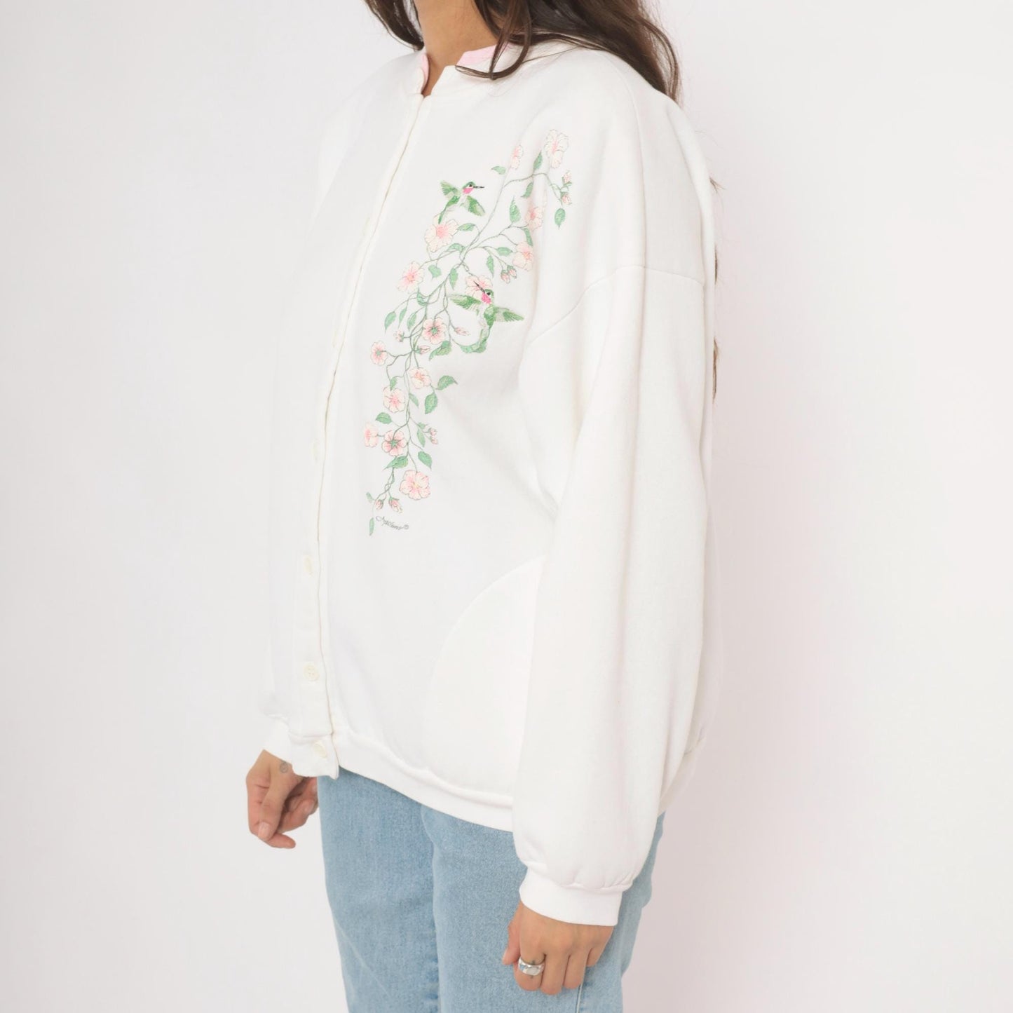 90s Artisans Hummingbird Floral Button Cardigan White Pink Cotton Large XL