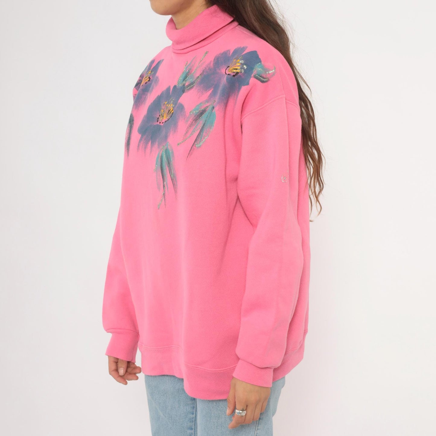 90s Tultex Pink Turtleneck Sweatshirt Floral Hand-Painted Glitter Extra Large XL