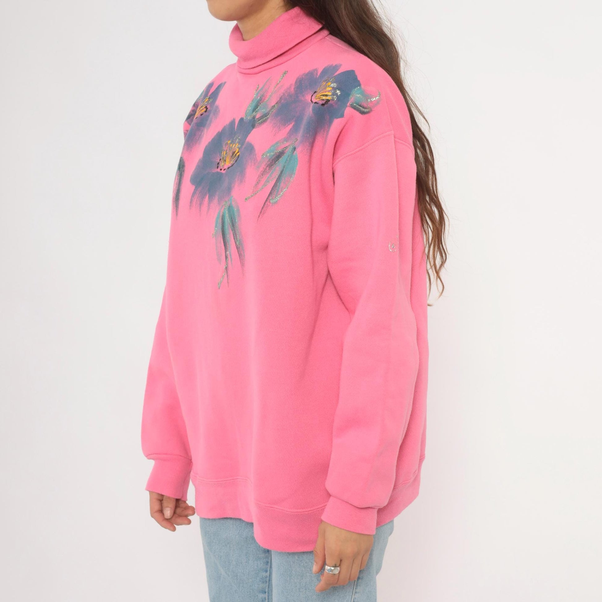 90s Tultex Pink Turtleneck Sweatshirt Floral Hand-Painted Glitter Extra Large XL