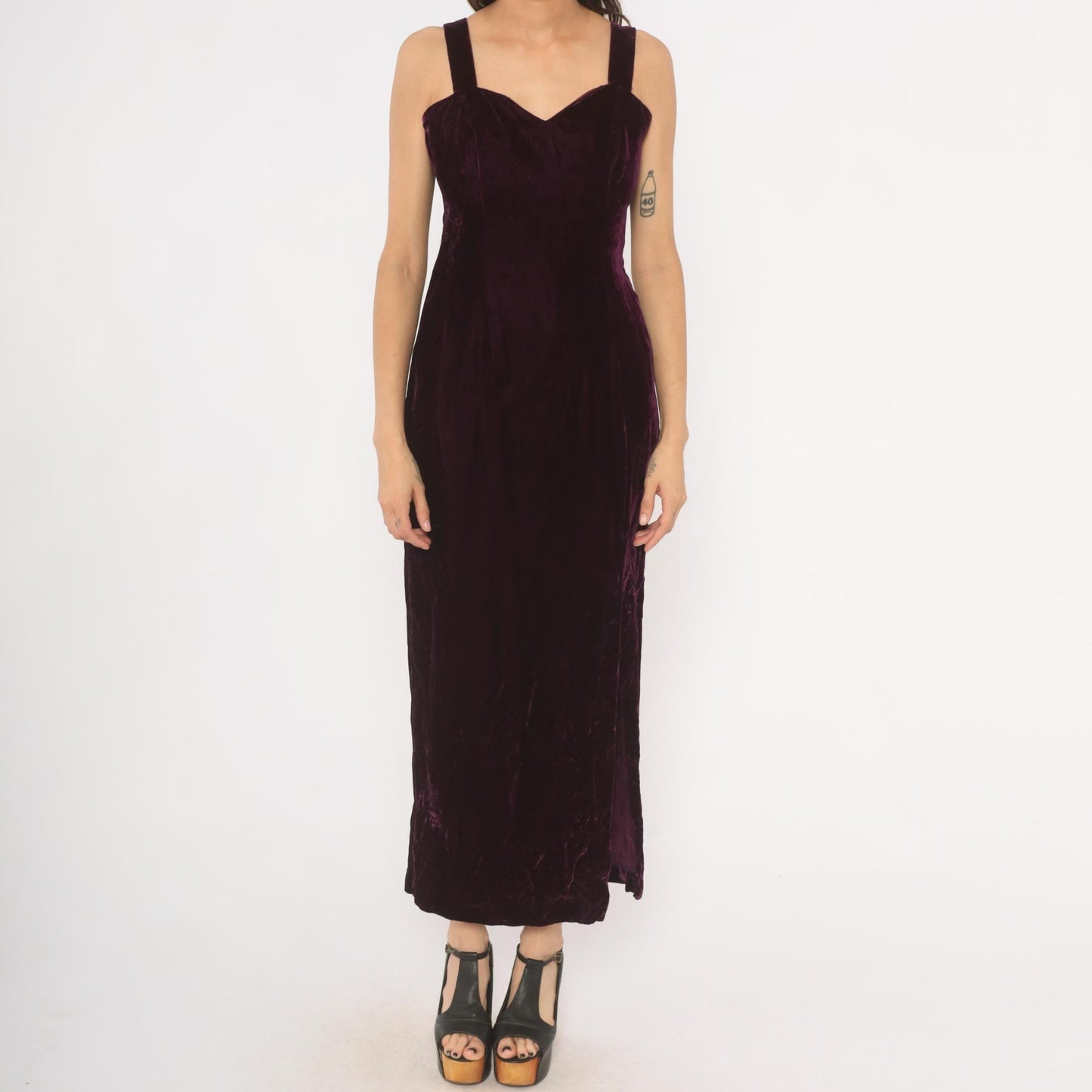 70s Plum Velvet Maxi Dress Sweetheart Neckline Side Slit Medium M