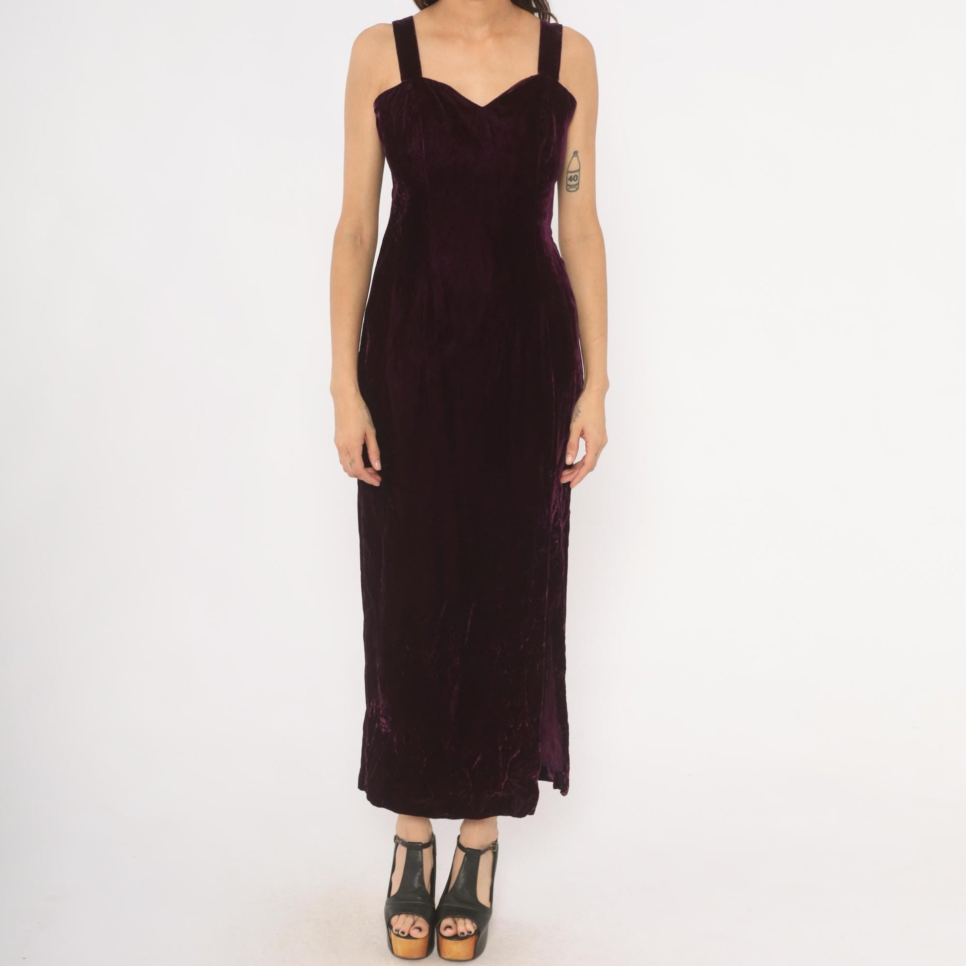 70s Plum Velvet Maxi Dress Sweetheart Neckline Side Slit Medium M