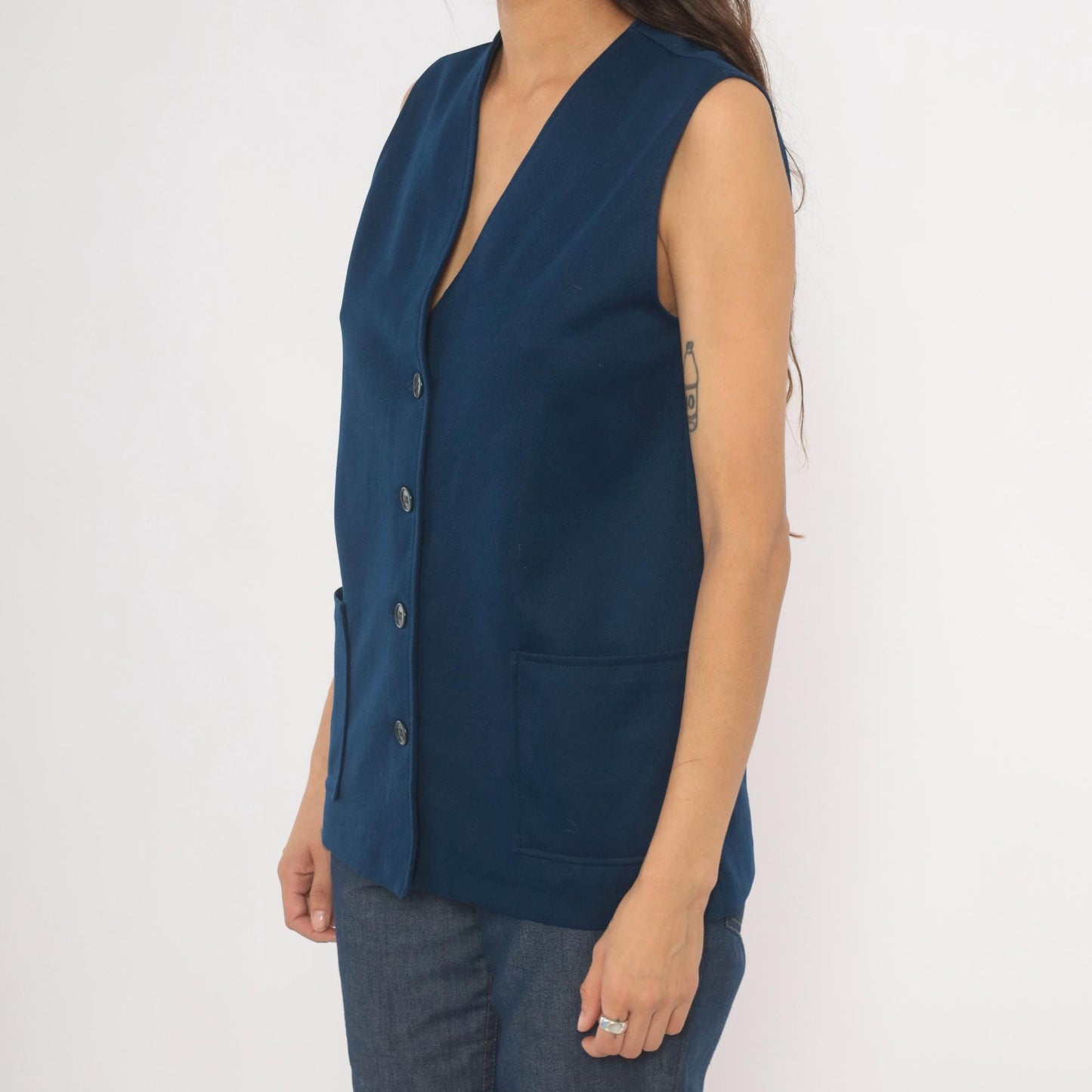 70s Navy Button Front Vest V Neck Longline Knit Top Medium M