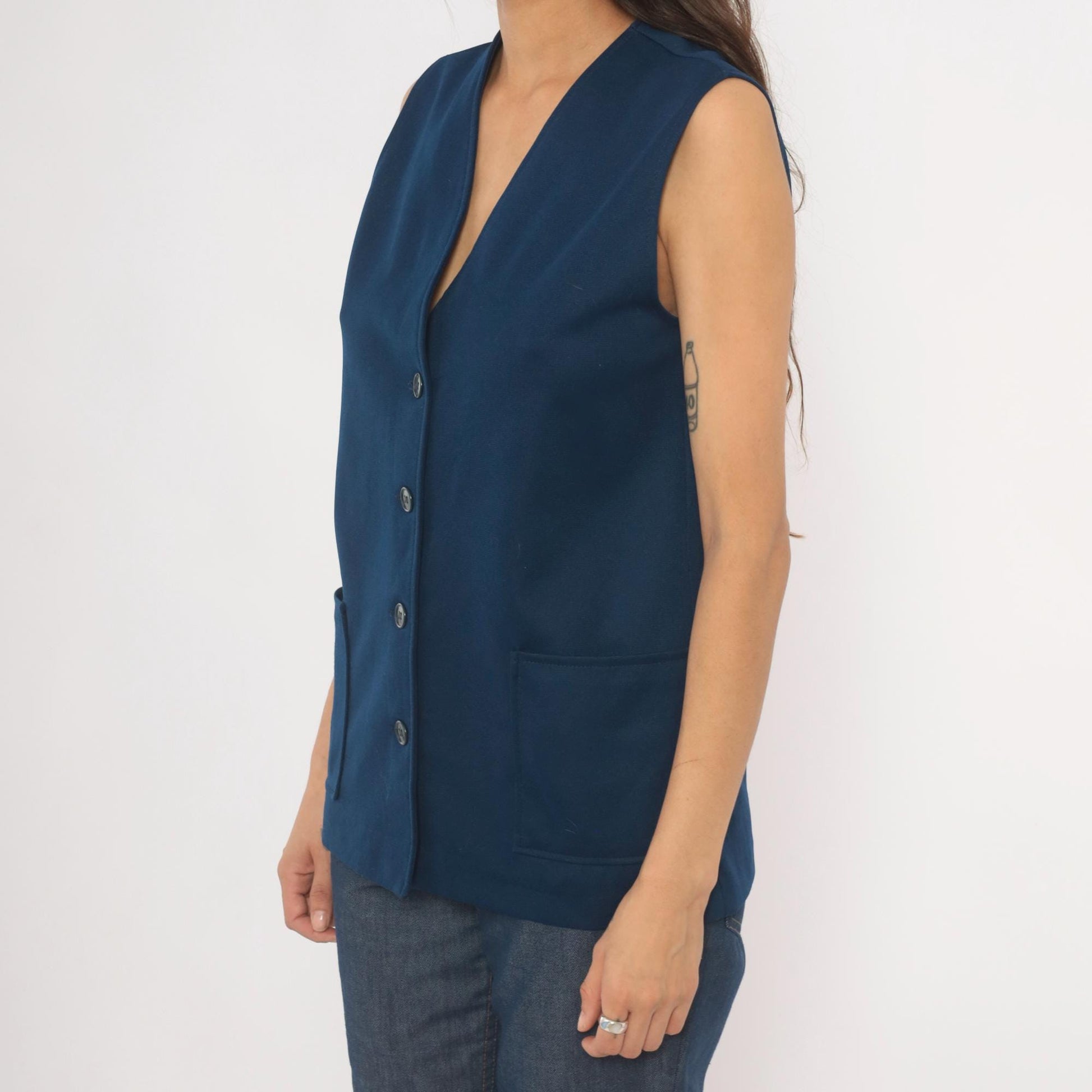 70s Navy Button Front Vest V Neck Longline Knit Top Medium M