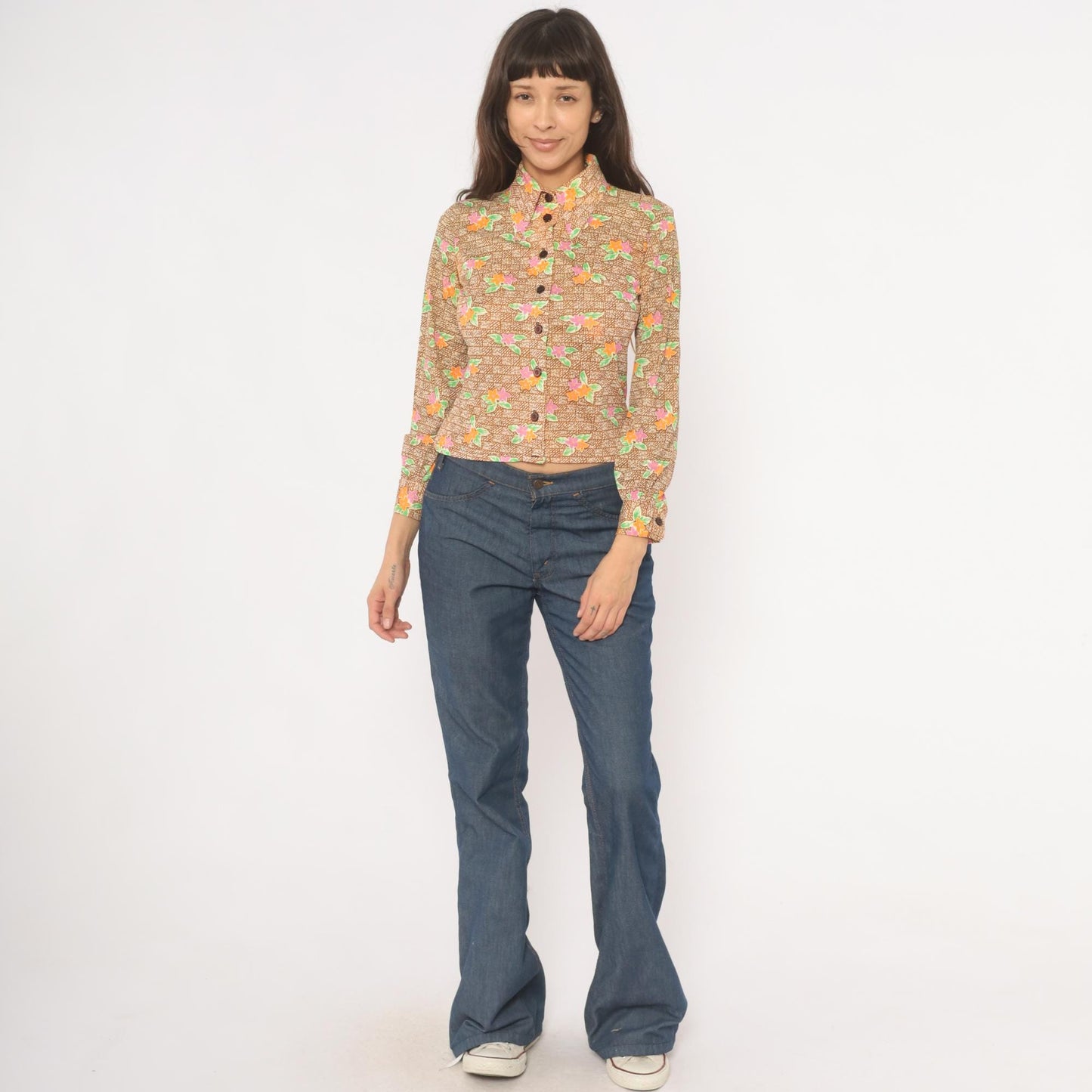 70s Floral Button-Up Blouse Pointed Collar Brown Pink Orange Green Small