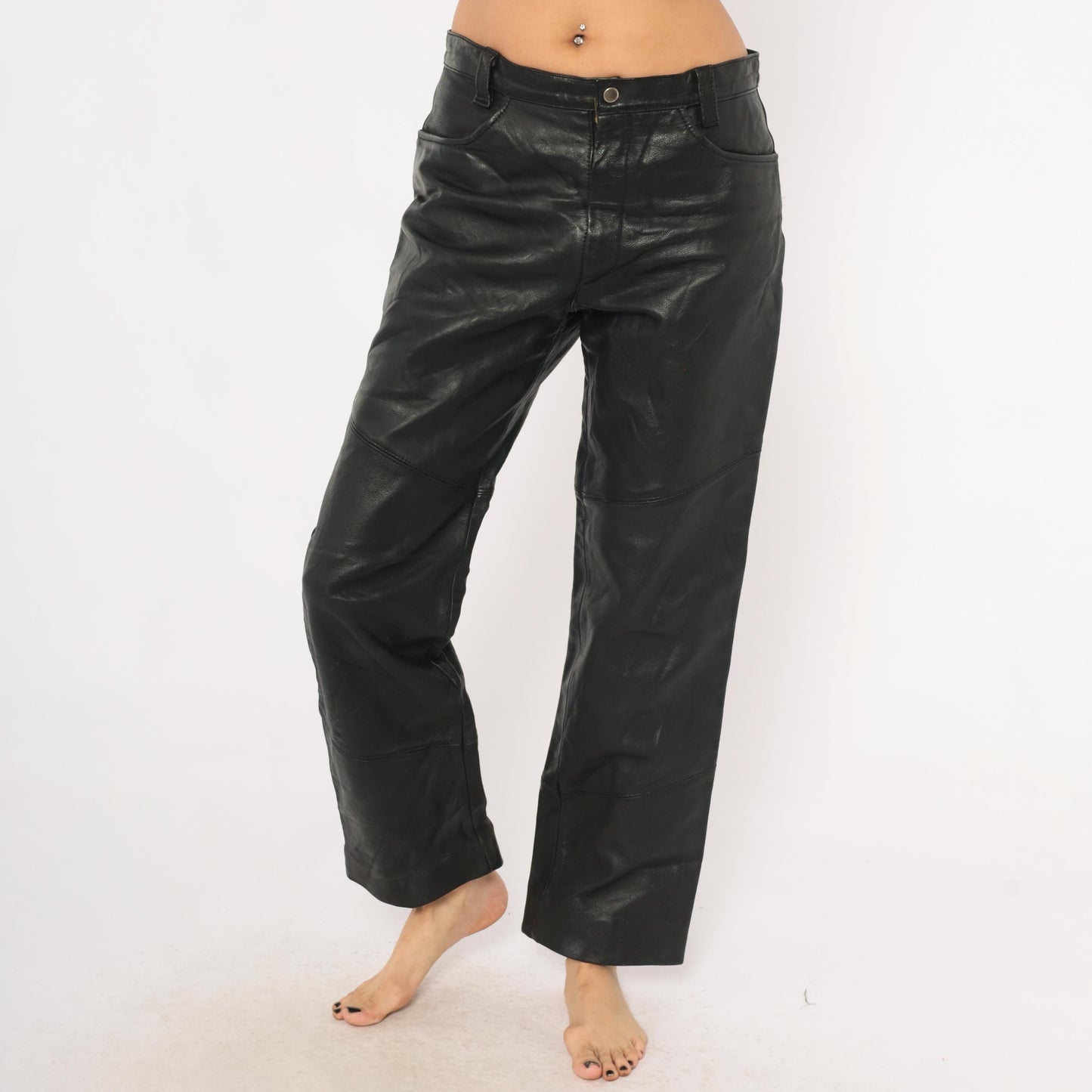 90s Berman's Black Leather Pants Straight Leg Moto Paneled Medium M
