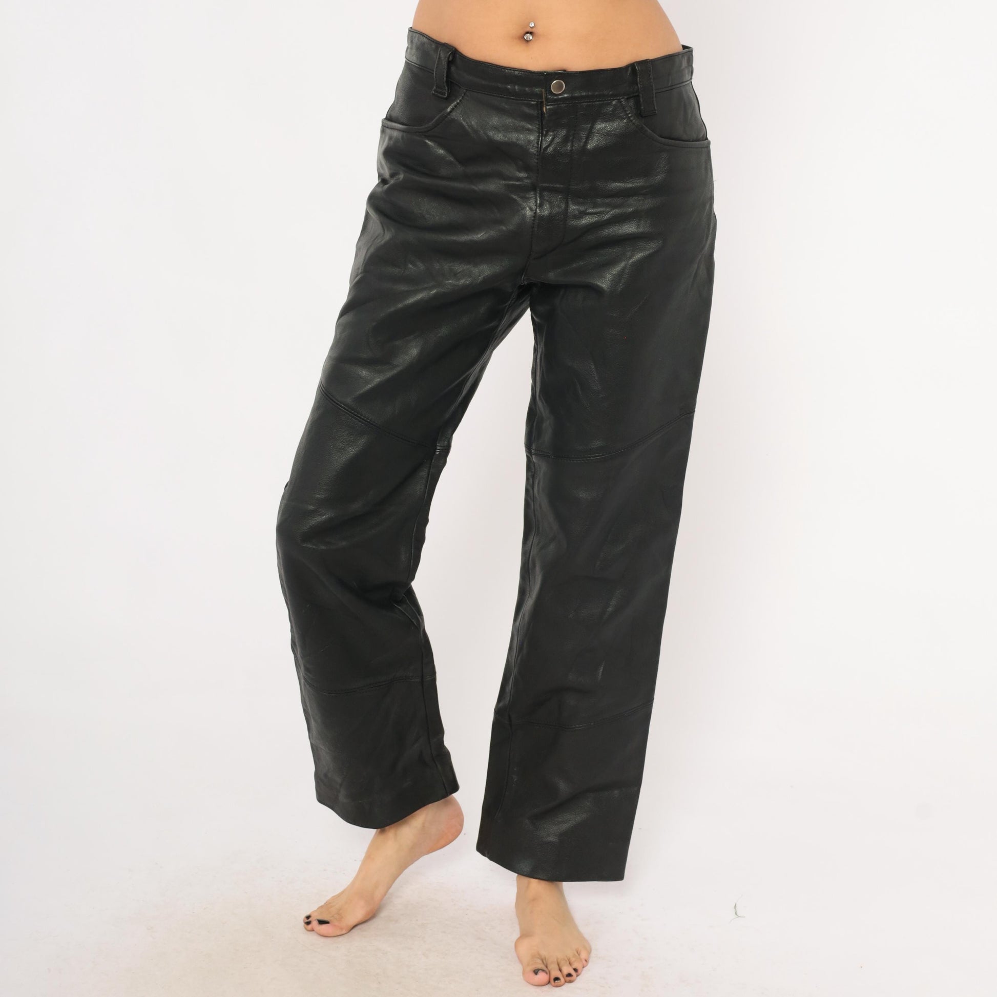 90s Berman's Black Leather Pants Straight Leg Moto Paneled Medium M