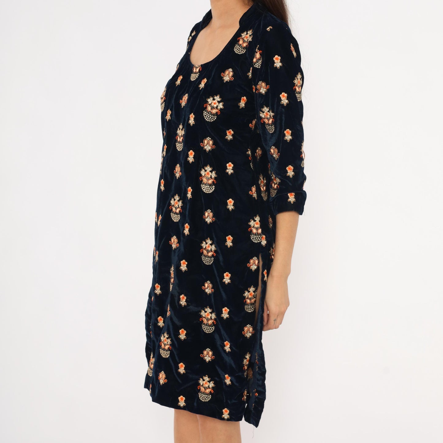 90s Navy Velvet Shift Dress Embroidered Floral Beaded Gold Orange Medium