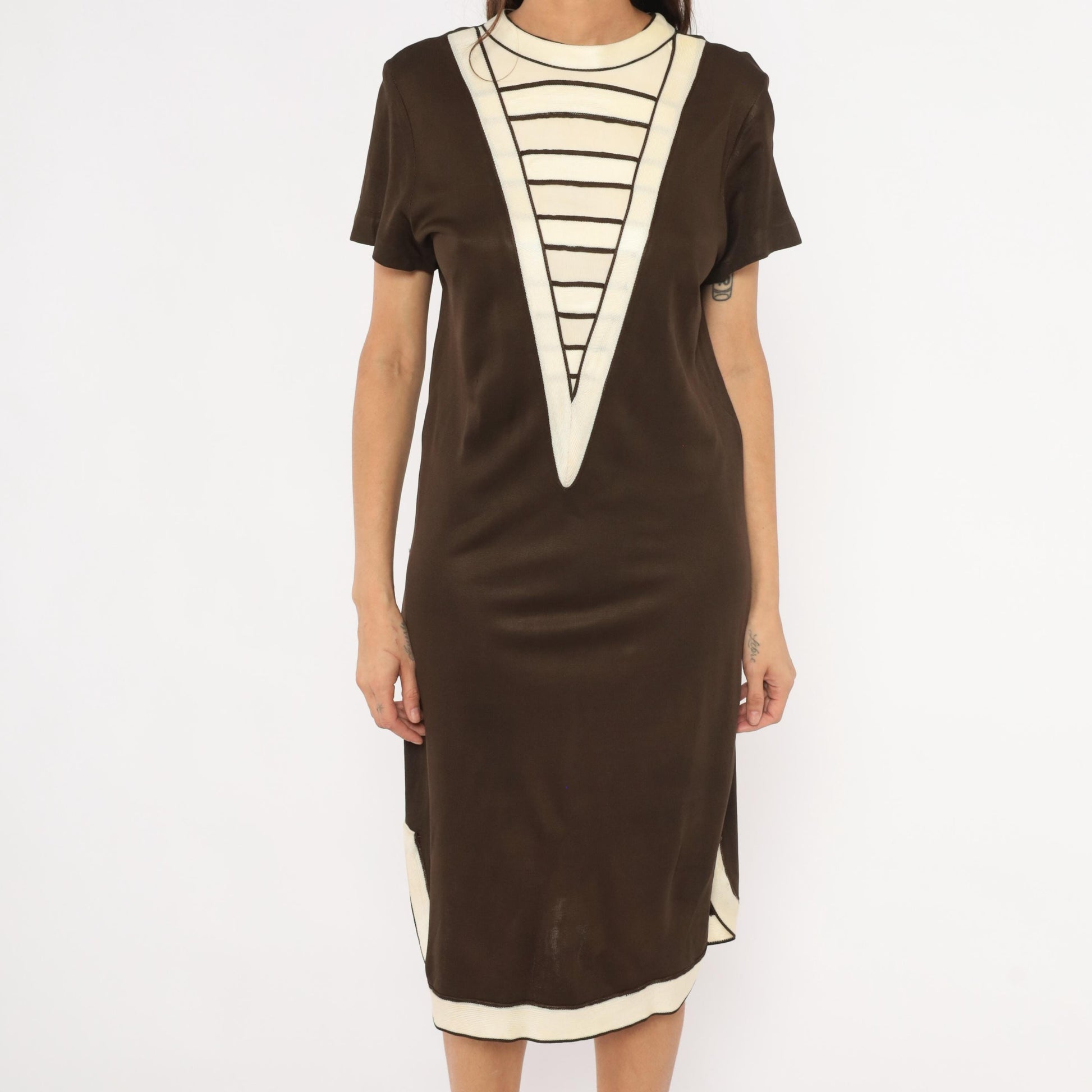 60s Mod Shift Dress Brown Cream Striped V Panel Short Sleeve Large L