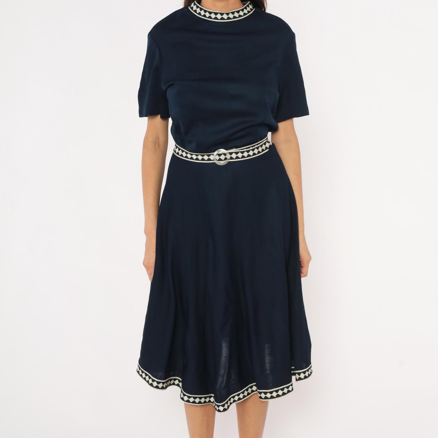 60s Marta D Navy A-Line Dress Cream Diamond Trim Belted Midi Large L