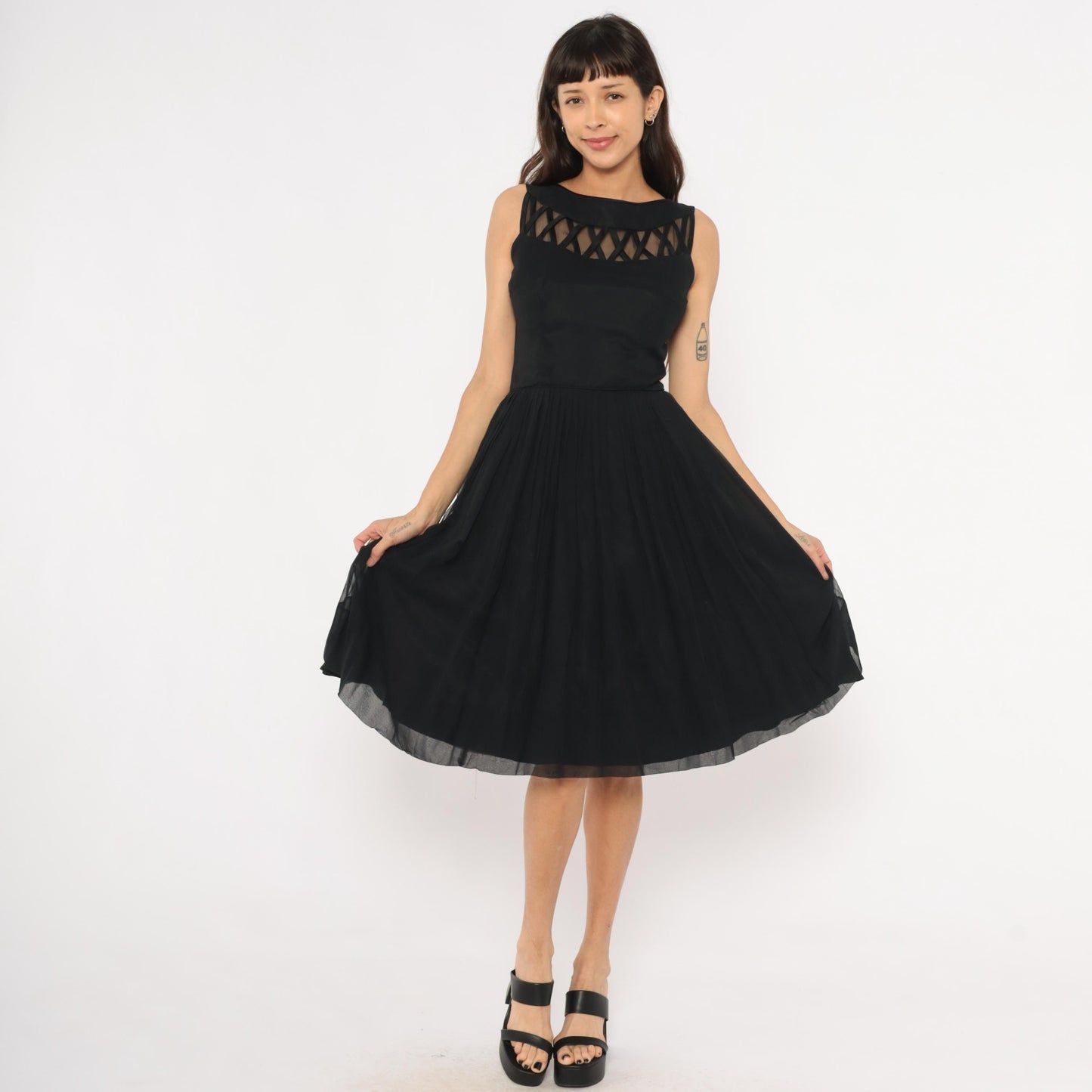 60s Black Chiffon Cocktail Dress Lattice Cutout Boat Neck Small
