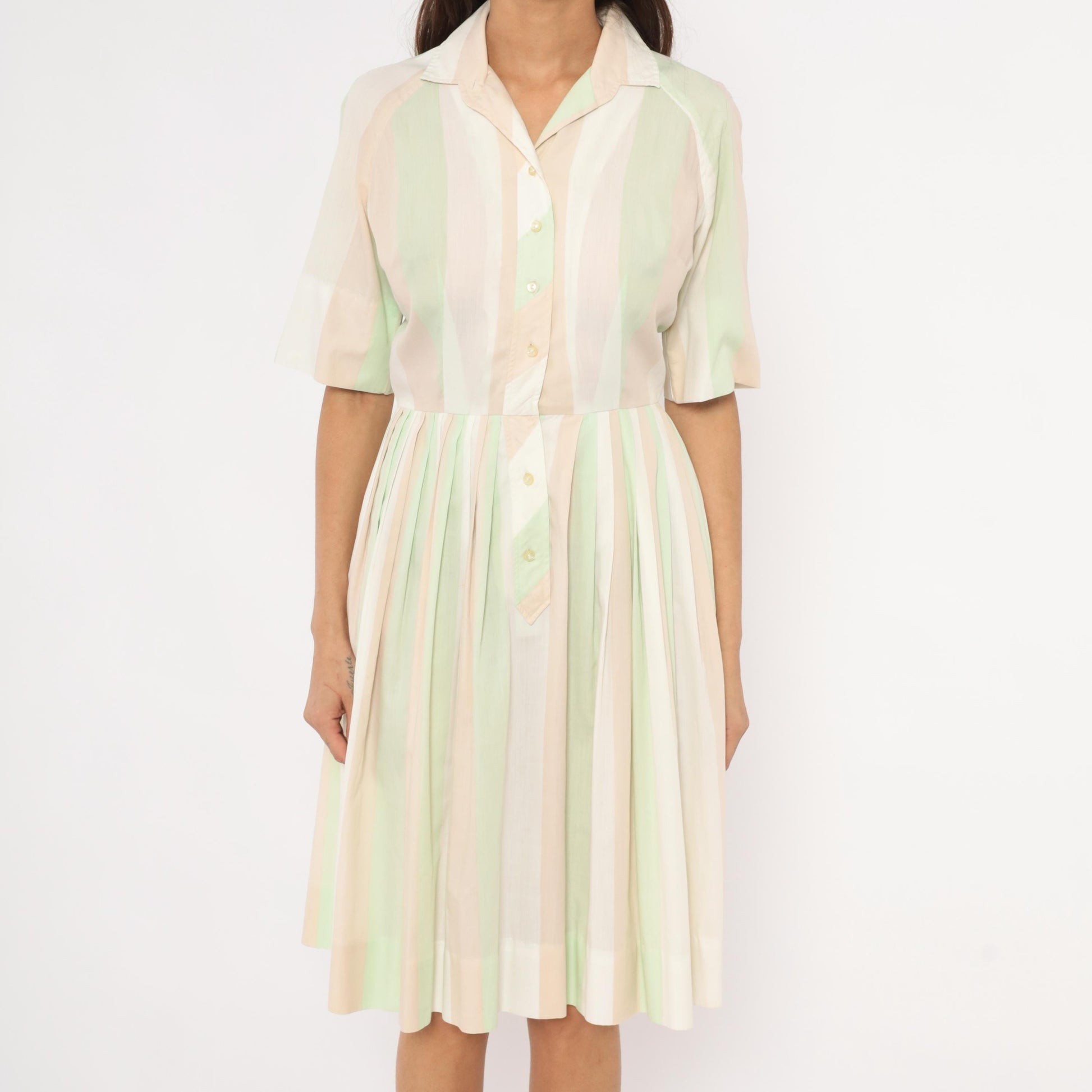 60s Pastel Striped Shirtdress Mint Green Pink Button Front Knee Length Medium