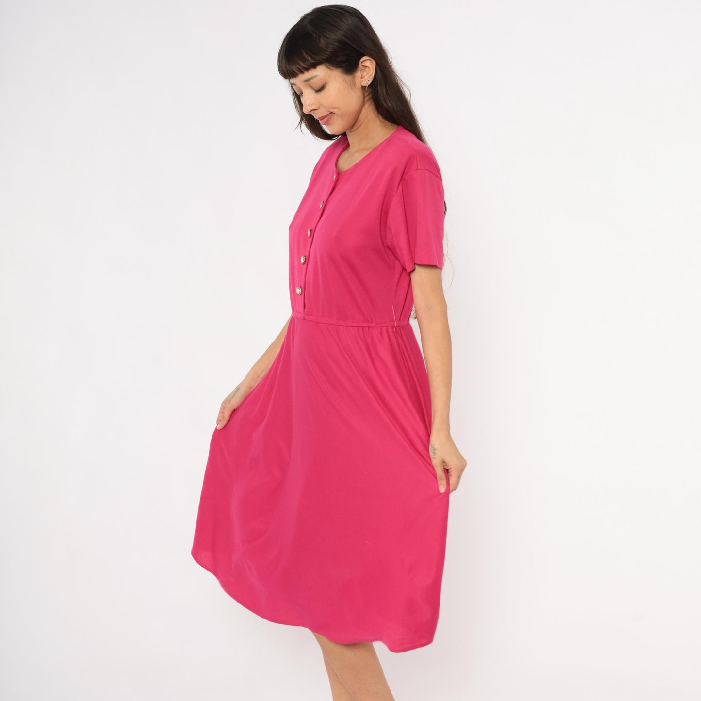 80s Fuchsia Button-Front Midi Dress Gold Buttons Gathered Waist Small