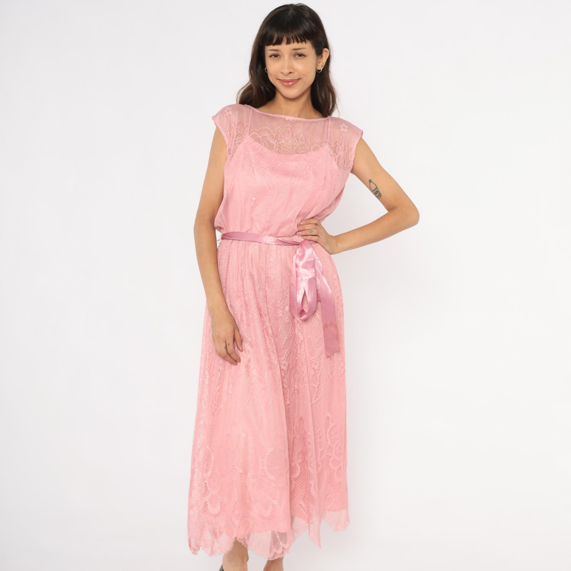 80s Rose Pink Lace Midi Dress Cap Sleeve Scalloped Hem Small S