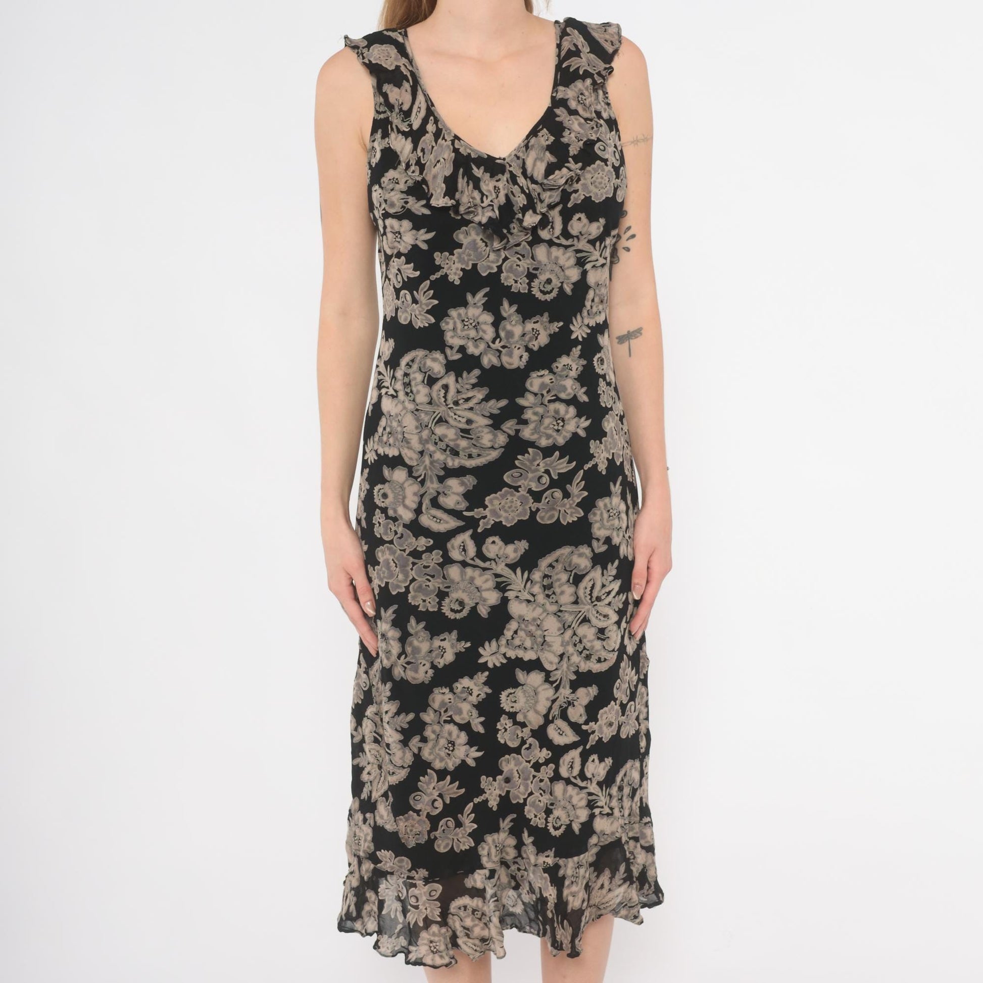 90s Black Grey Floral Midi Dress V-Neck Ruffle Chiffon Medium M