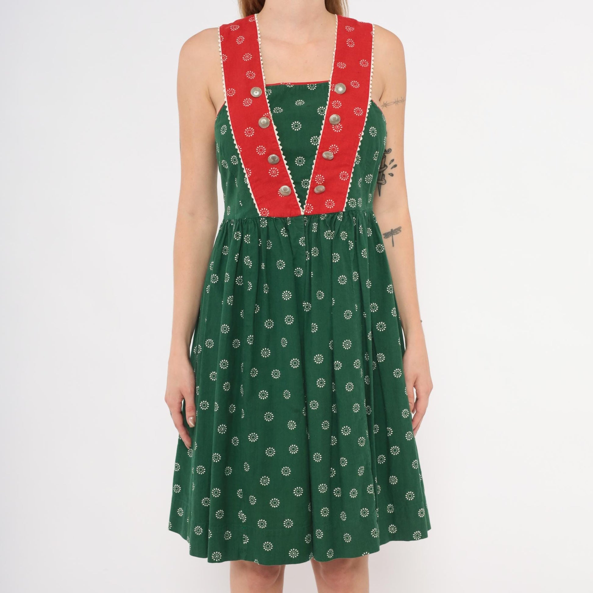 60s Muchner Kindermoden Dirndl Dress Green Floral Red Bodice Square Neck Extra Small