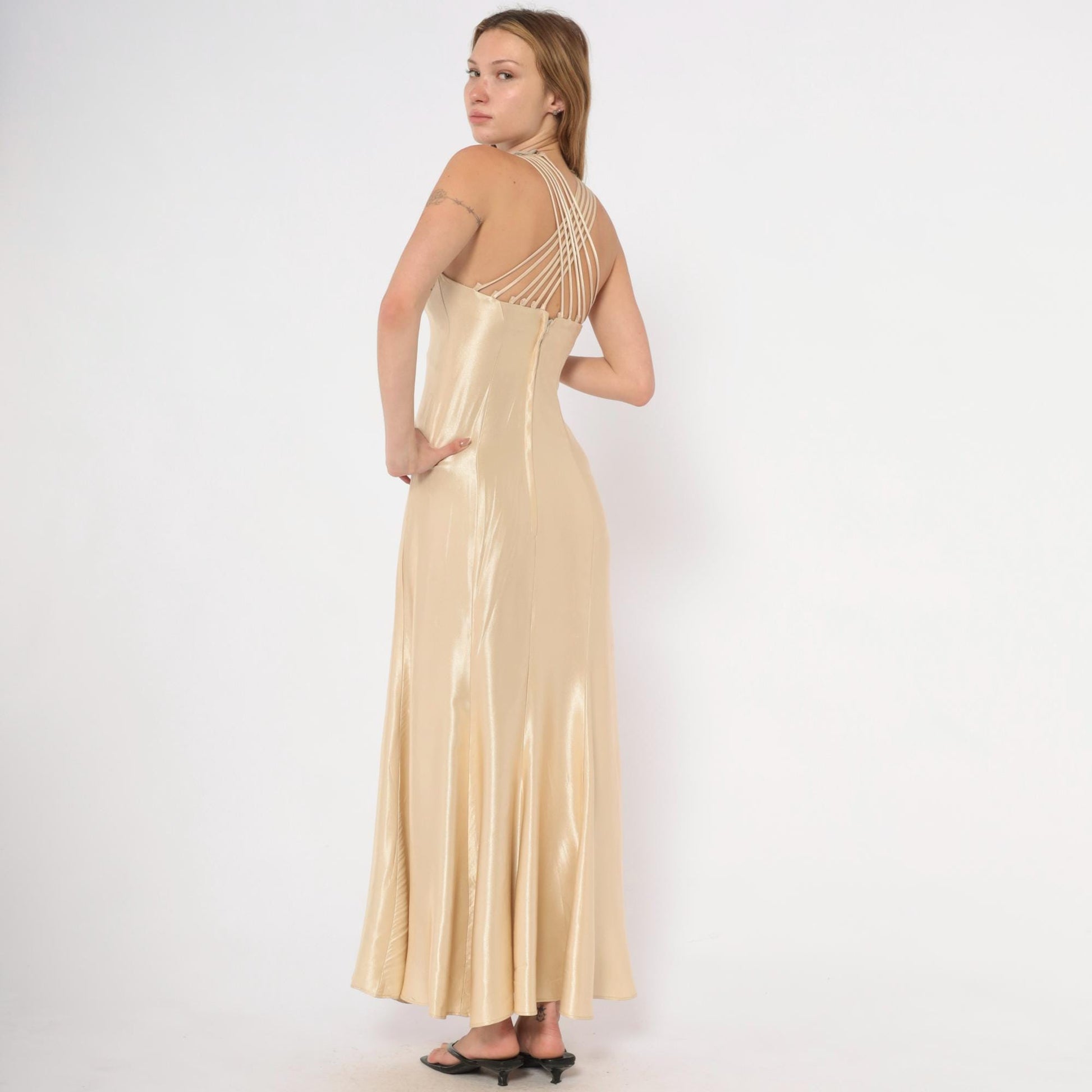 90s Champagne Satin Maxi Dress Criss Cross Straps Sweetheart Bodice Gold Evening Gown Extra Small XS