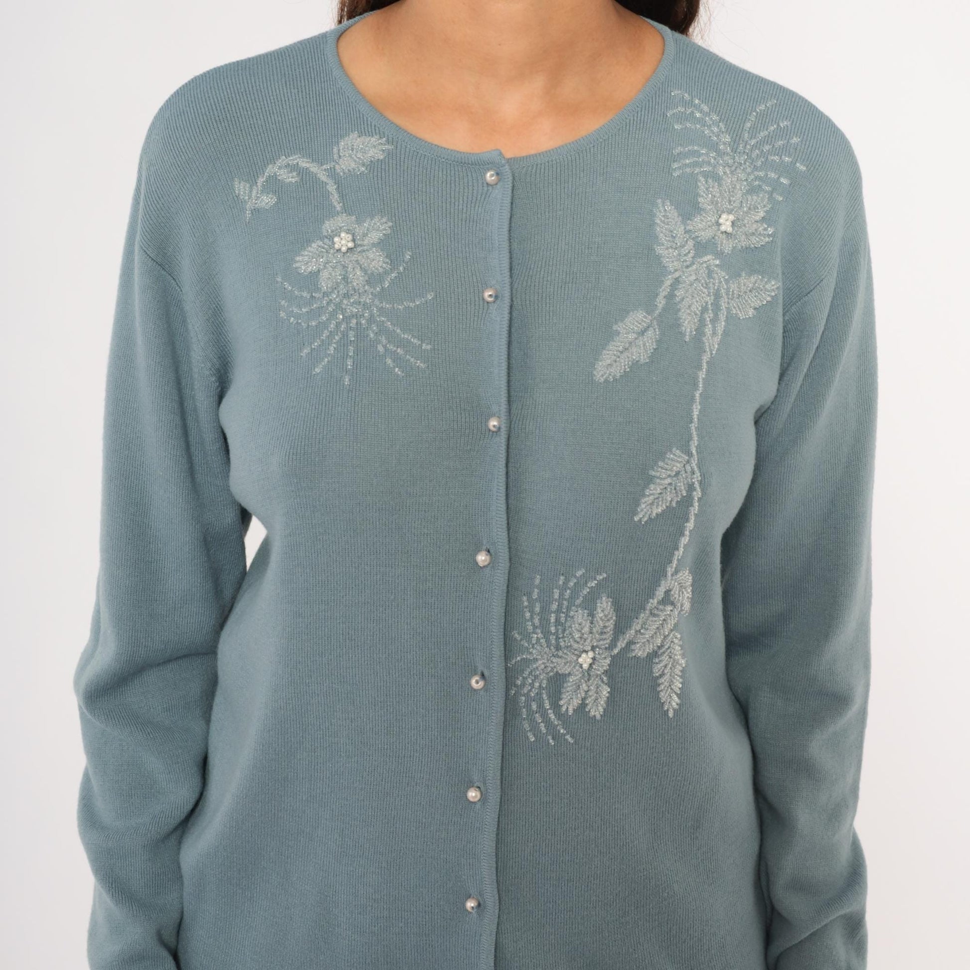 Saks Fifth Avenue 90s Powder Blue Cardigan Embroidered Floral Beaded Medium
