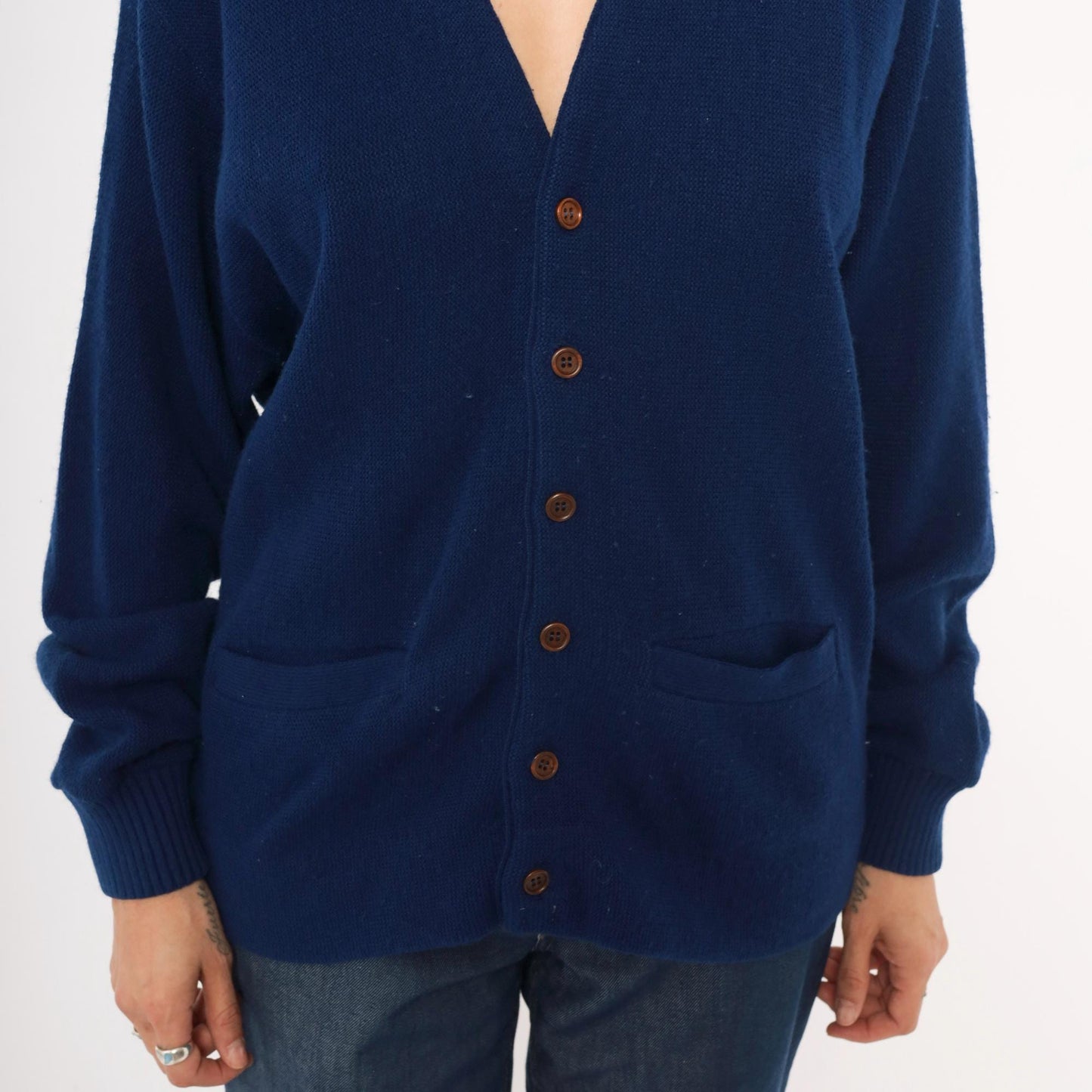 70s Navy Button Front Cardigan V Neck Patch Pocket Knit Small
