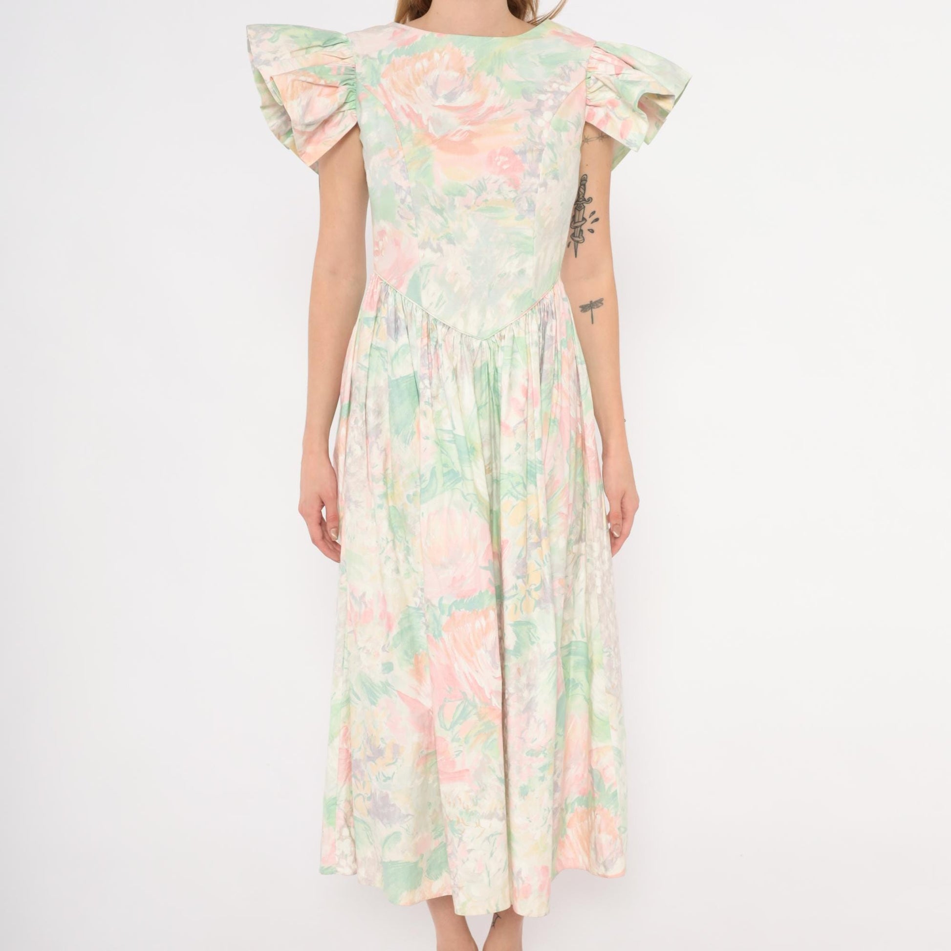 90s JCPenney Floral Midi Dress Watercolor Rose Basque Waist Flutter Sleeve Small S