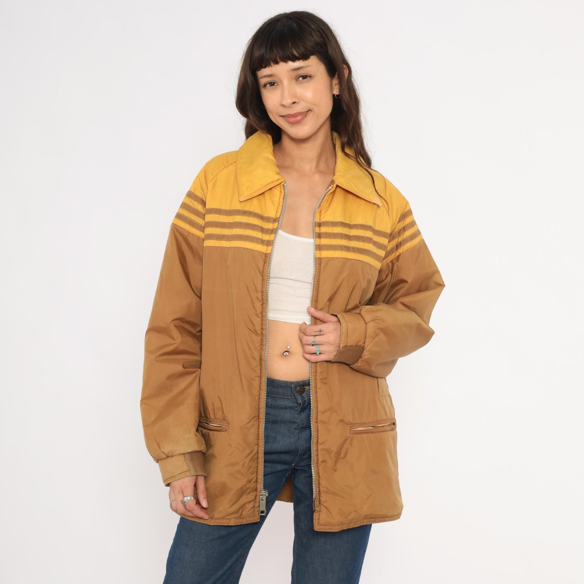 70s Douglas Park Two-Tone Windbreaker Puffer Jacket Brown Mustard Gold Medium M