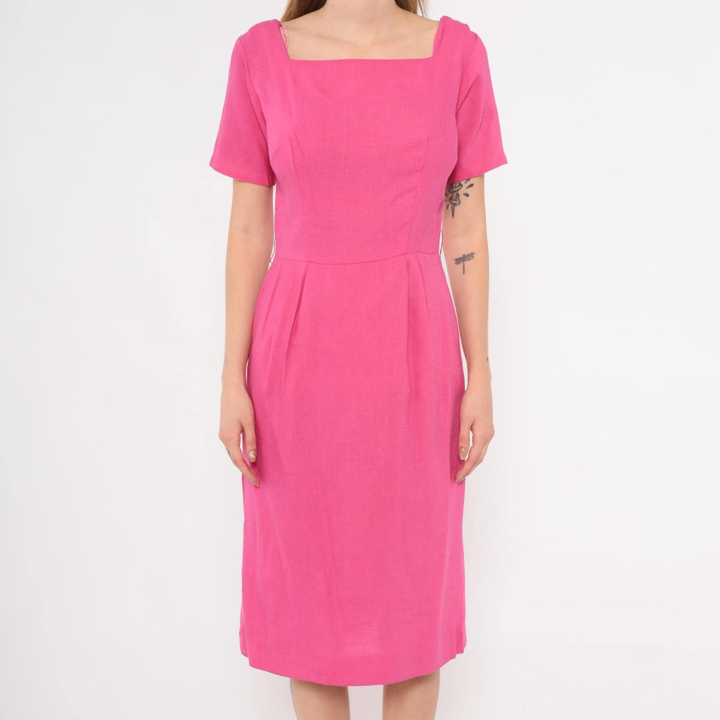 80s Fuchsia Linen Cotton Sheath Dress Square Neckline Pleated Waist Small S