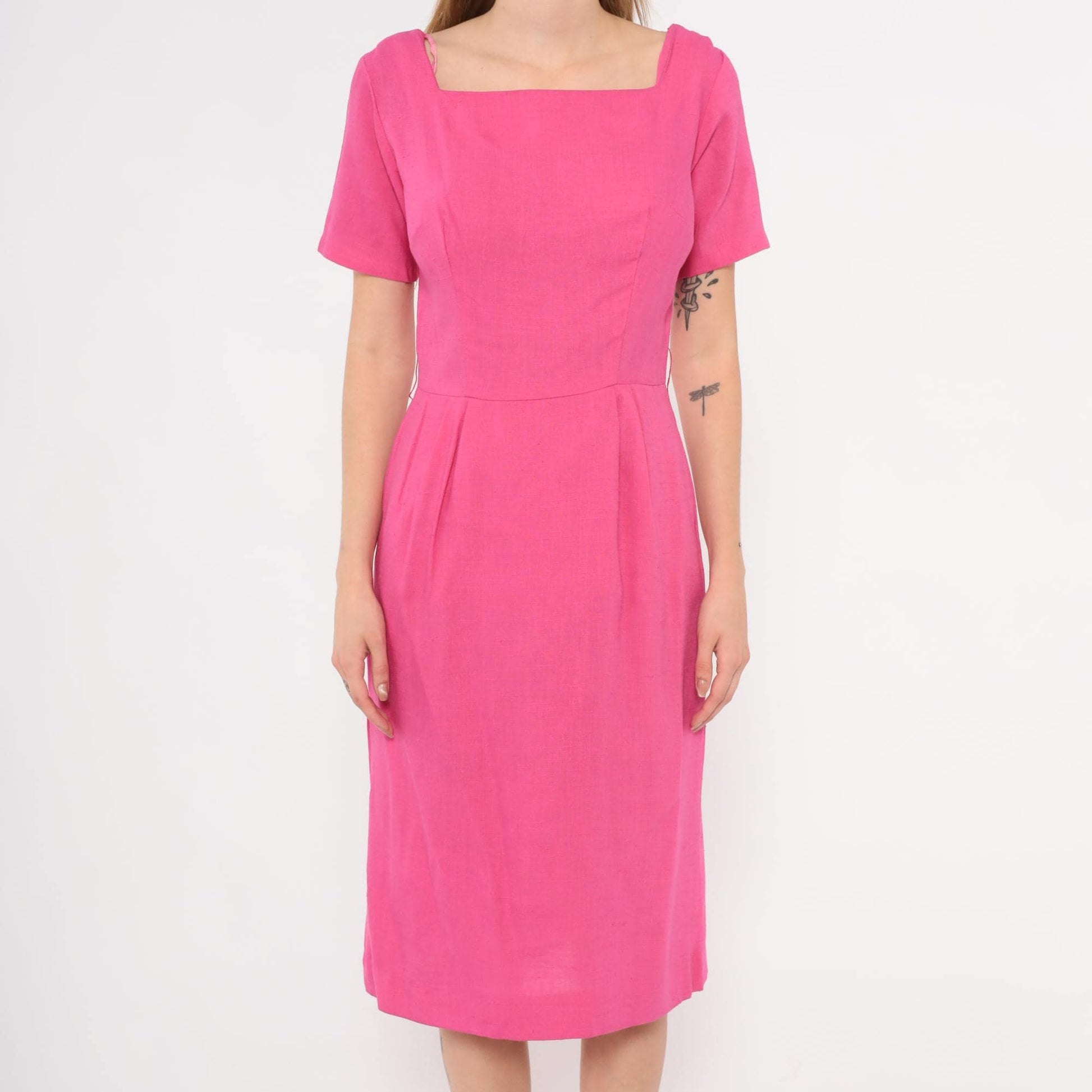 80s Fuchsia Linen Cotton Sheath Dress Square Neckline Pleated Waist Small S