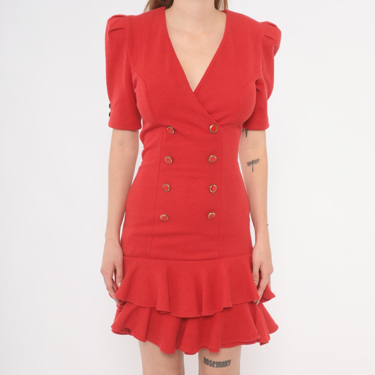80s All That Jazz Red Mini Dress Double Breasted Puff Sleeve V Neck Gold Ruffle Extra Small XS