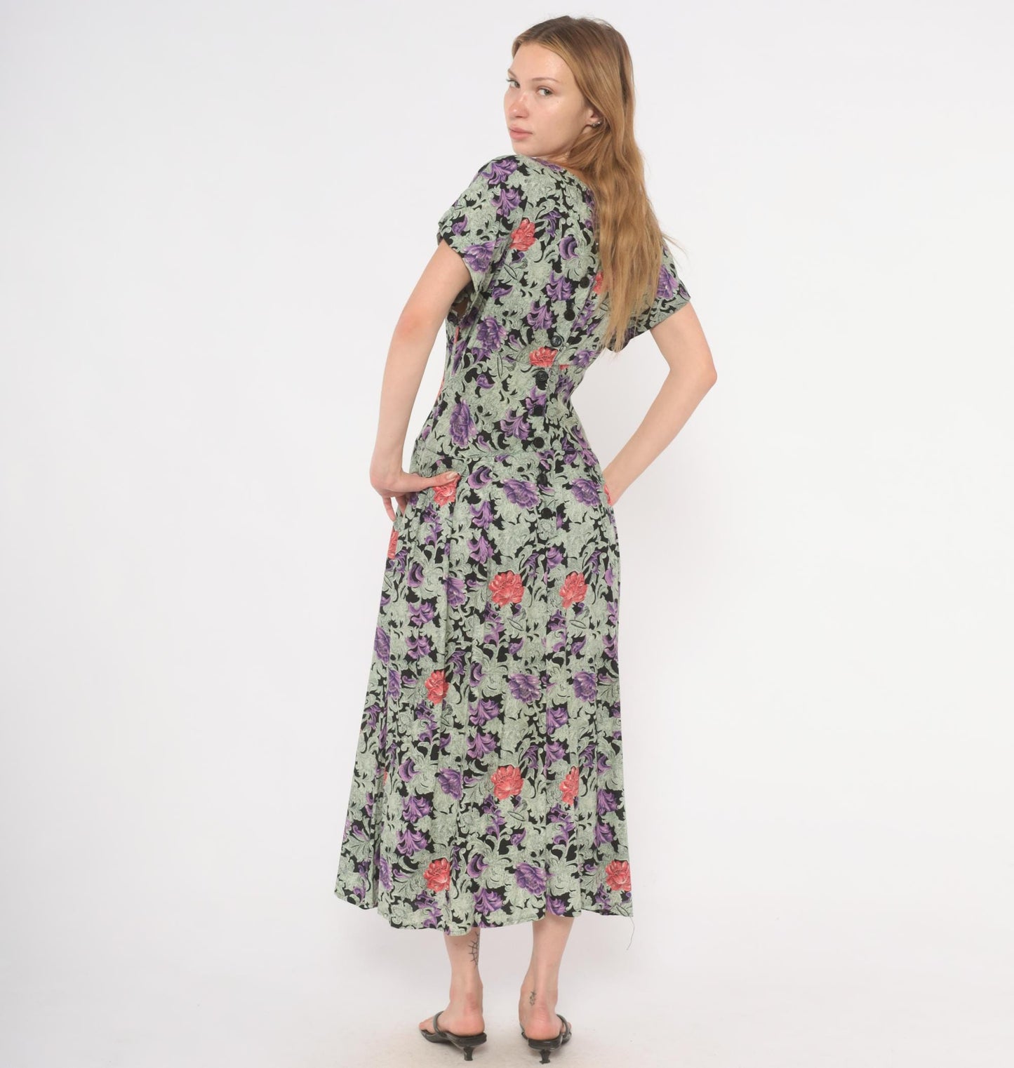 90s All That Jazz Floral Maxi Dress Purple Black Surplice V-Neck Medium M