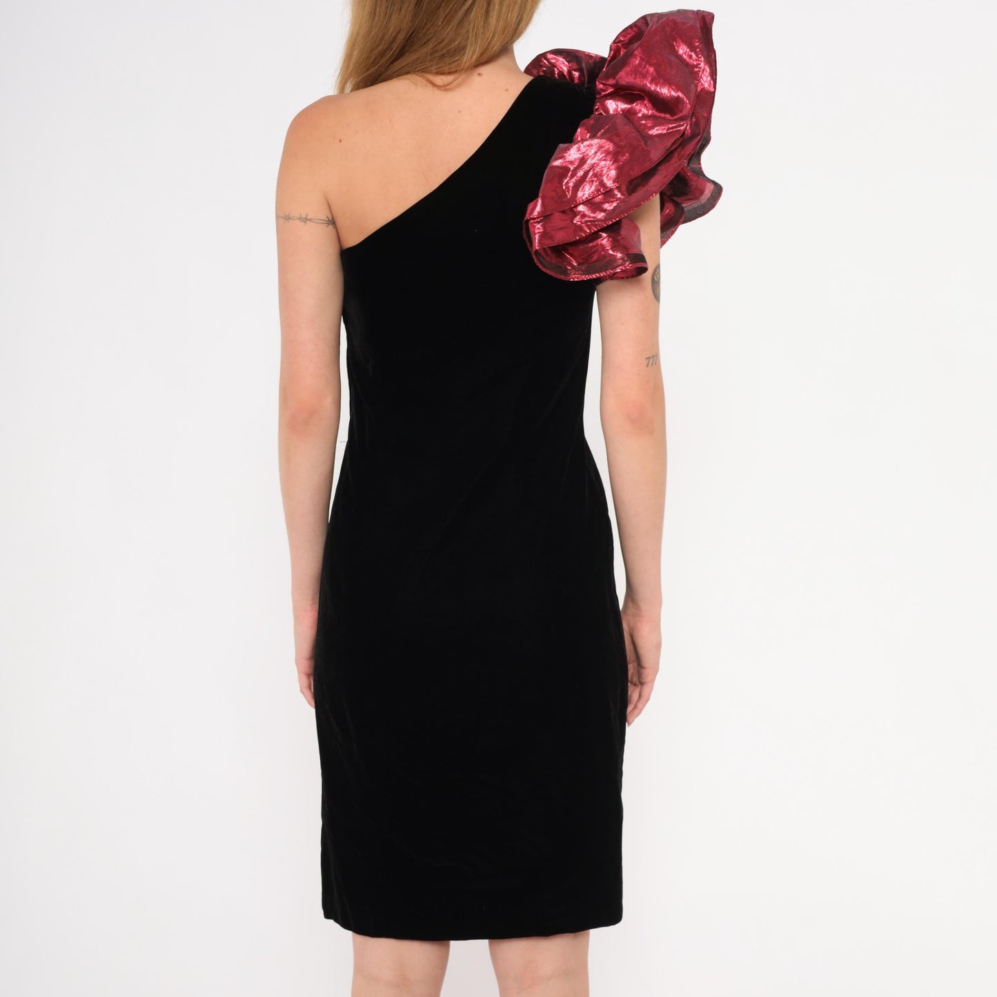 90s ZumZum Black Velvet One-Shoulder Cocktail Dress Burgundy Rosette Small