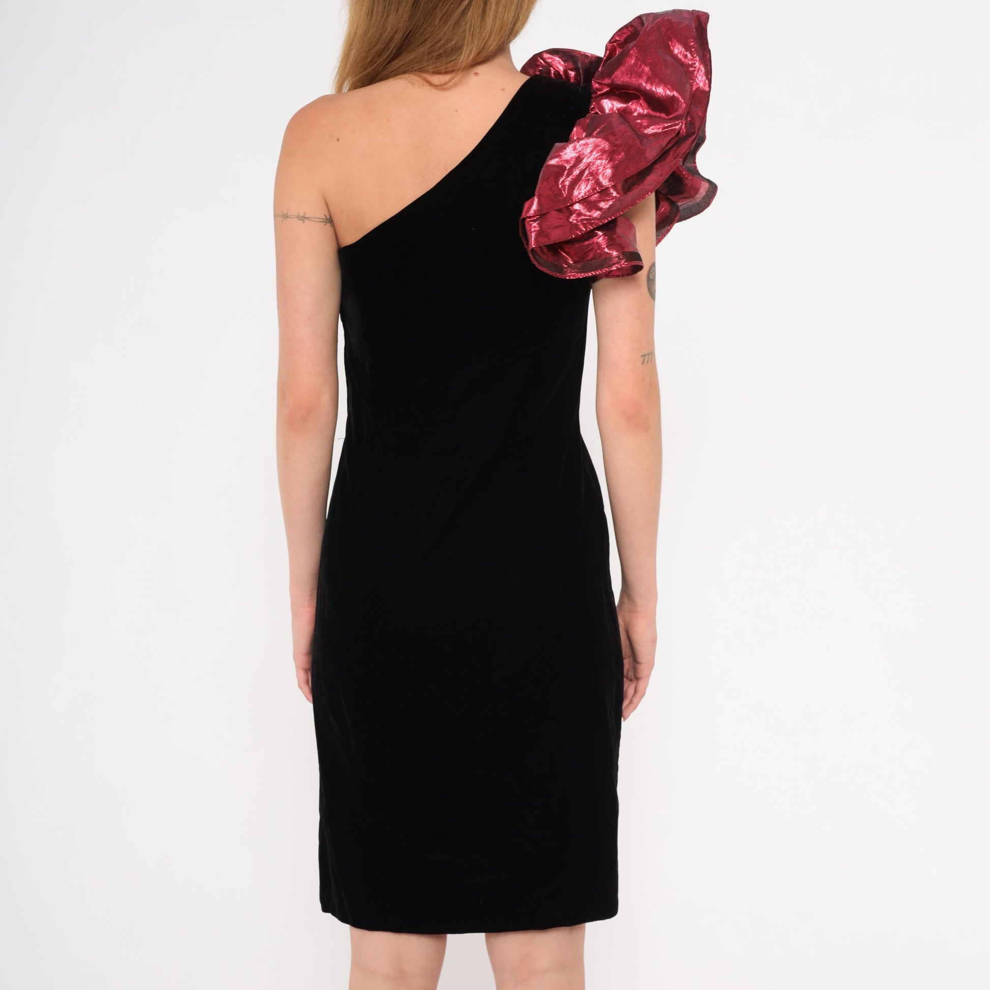 90s ZumZum Black Velvet One-Shoulder Cocktail Dress Burgundy Rosette Small