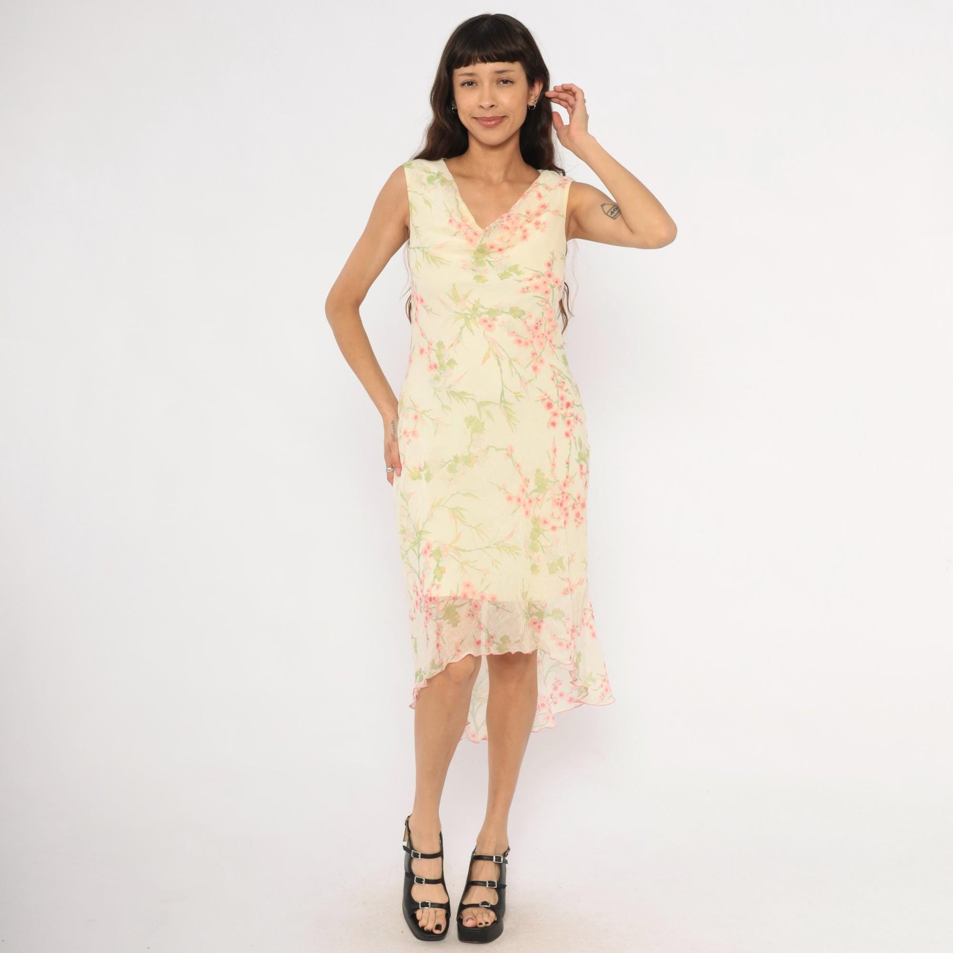 90s City Triangles Cherry Blossom Chiffon Dress Pink Cream Medium M