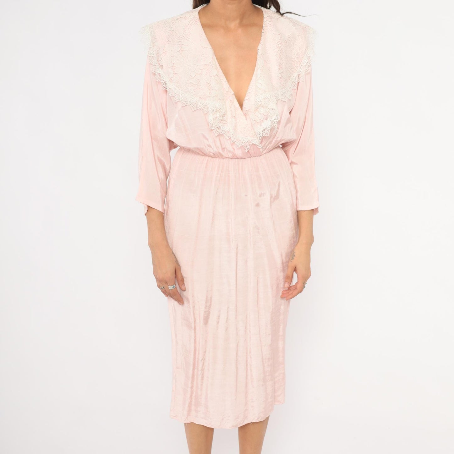 80s DQ Fashions Blush Pink Midi Dress Lace Collar V-Neck Small S