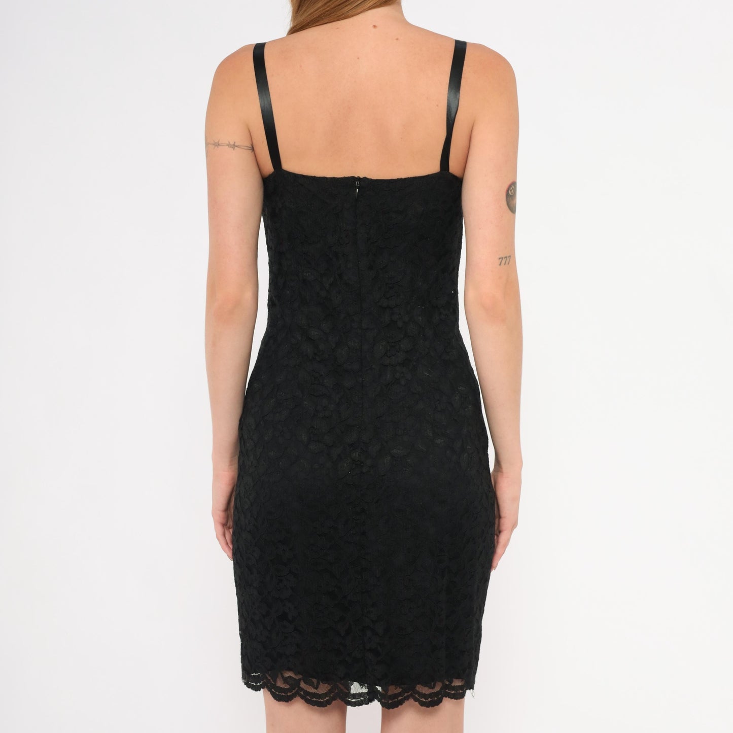 90s Julie Laurie Black Lace Slip Dress Scalloped Hem Spaghetti Strap Extra Small XS