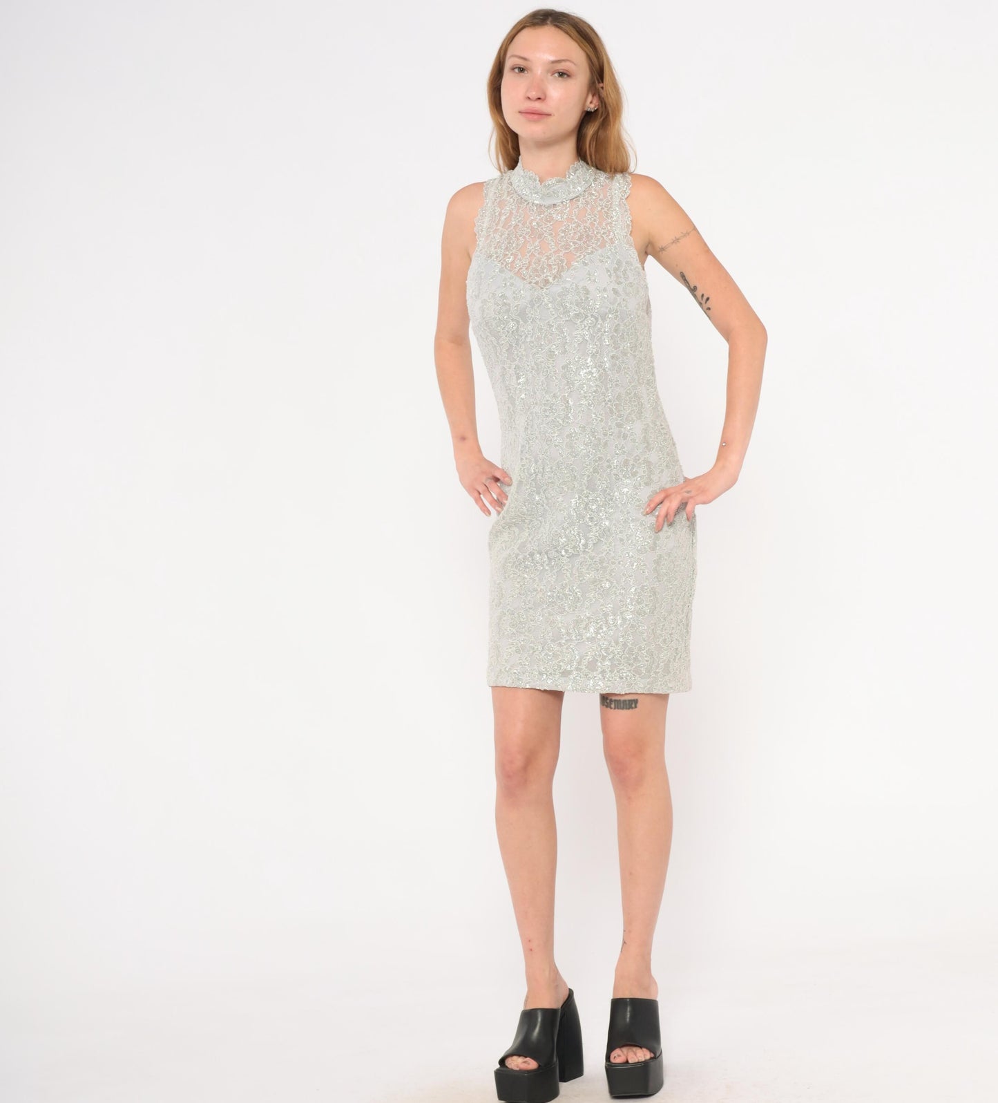 90s Silver Lace Mini Dress Nite Scarlet Mock Neck Metallic Floral Small Medium