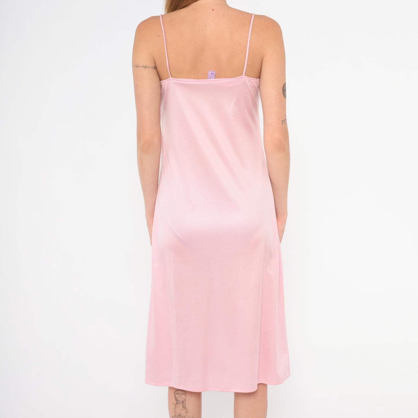 70s Blush Pink Satin Slip Dress Spaghetti Strap Knee-Length Small